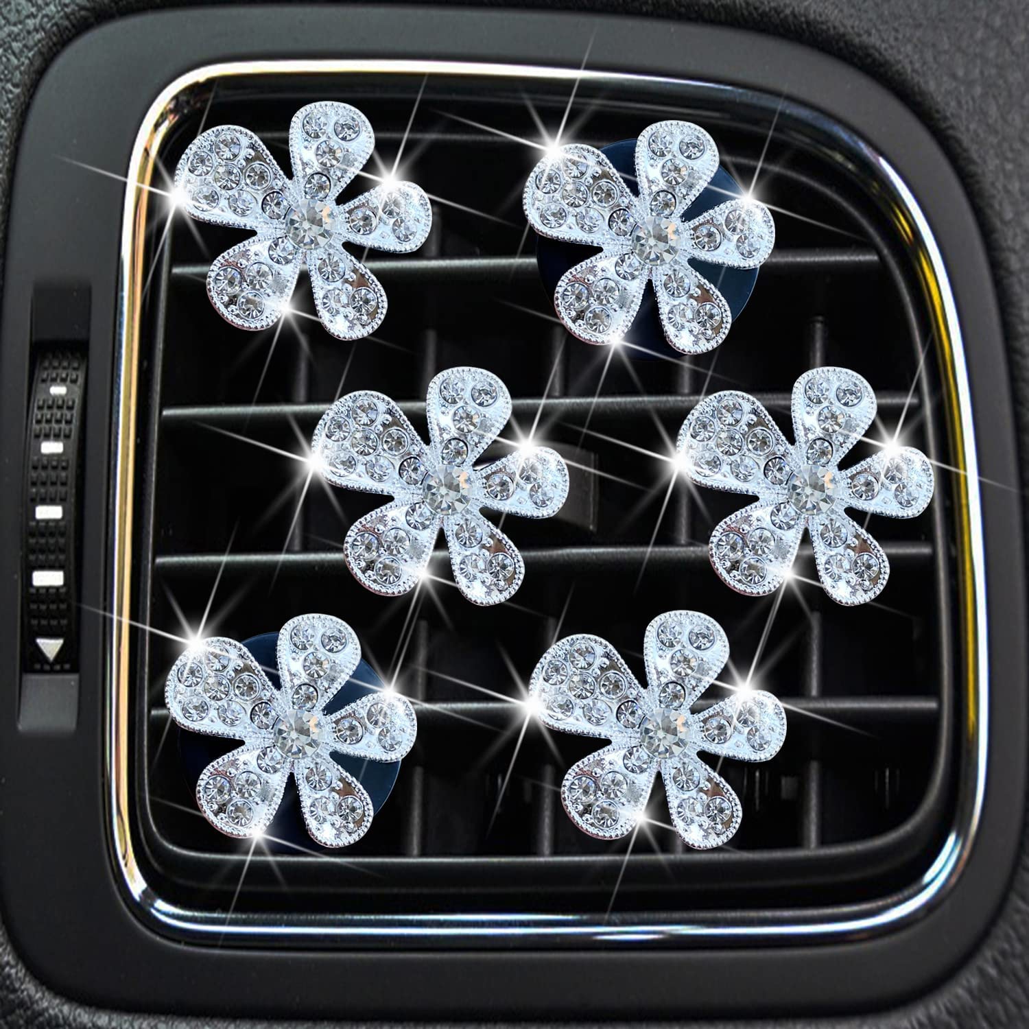 Bling Flower Air Vent Clips, 6 Pcs Cute Daisy Car Air Fresheners Vents Clips Car Diffuser Rhinestone Car Interior Decoration Charm Diamond Car Decor
