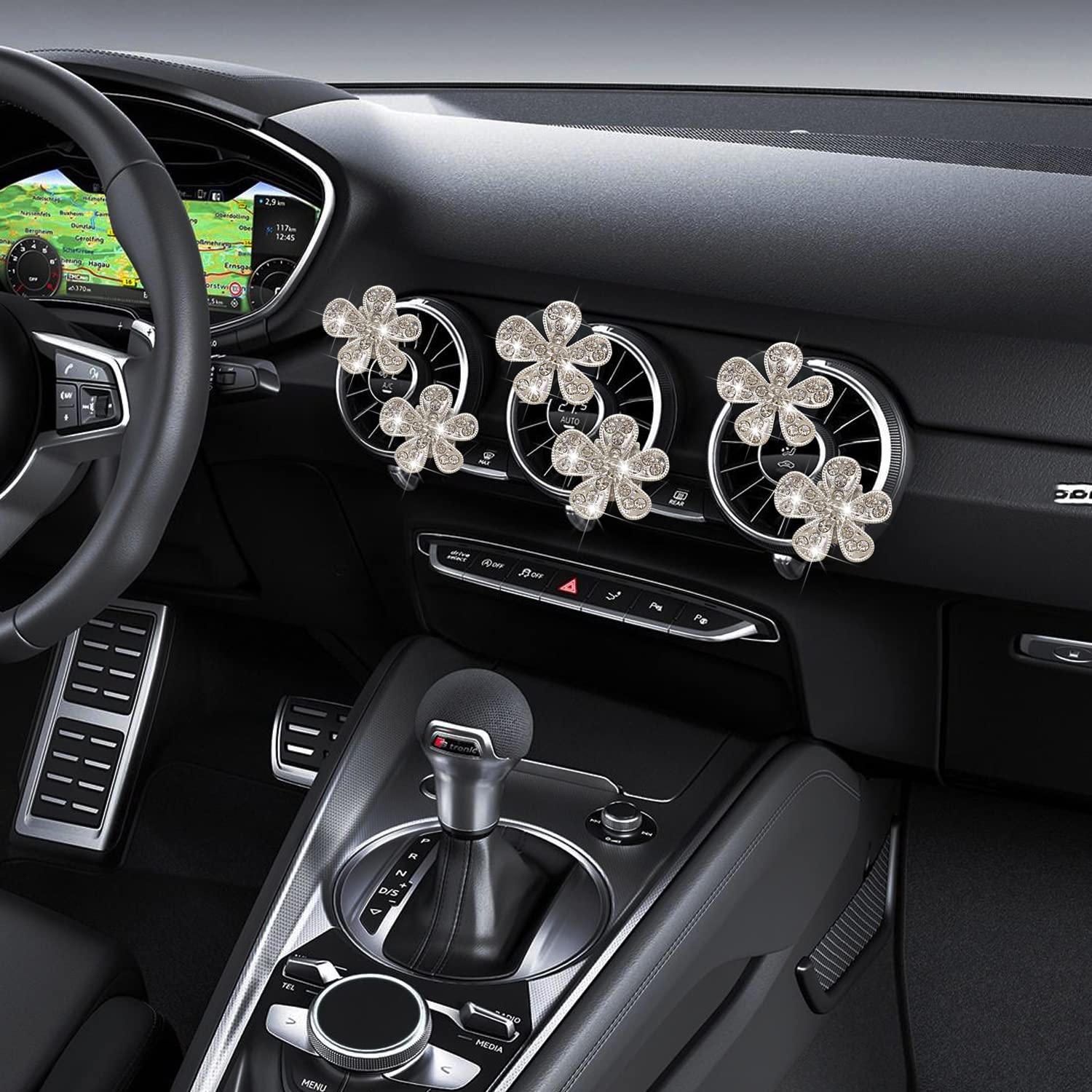 Bling Flower Air Vent Clips, 6 Pcs Cute Daisy Car Air Fresheners Vents Clips Car Diffuser Rhinestone Car Interior Decoration Charm Diamond Car Decor