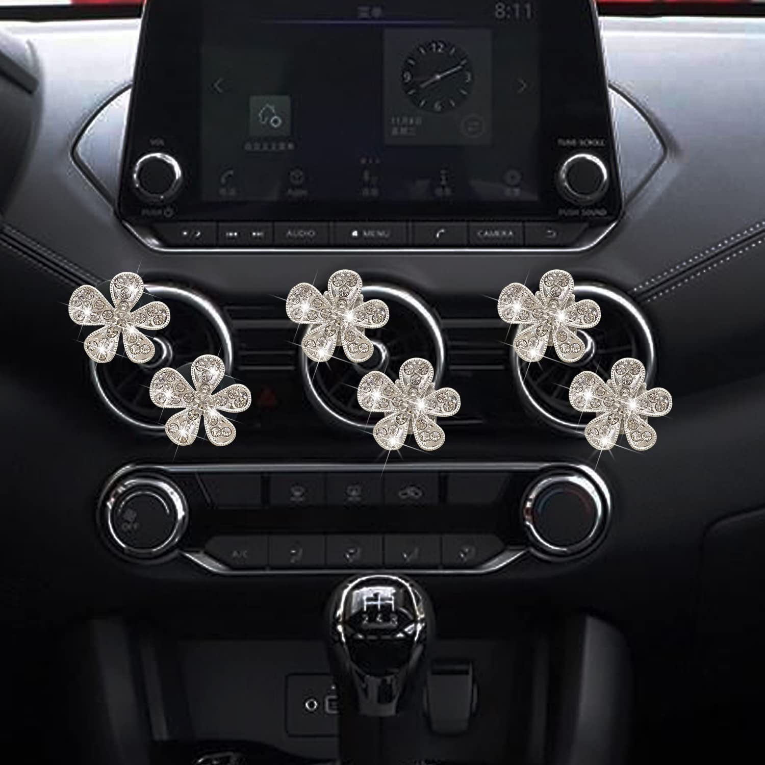 Bling Flower Air Vent Clips, 6 Pcs Cute Daisy Car Air Fresheners Vents Clips Car Diffuser Rhinestone Car Interior Decoration Charm Diamond Car Decor