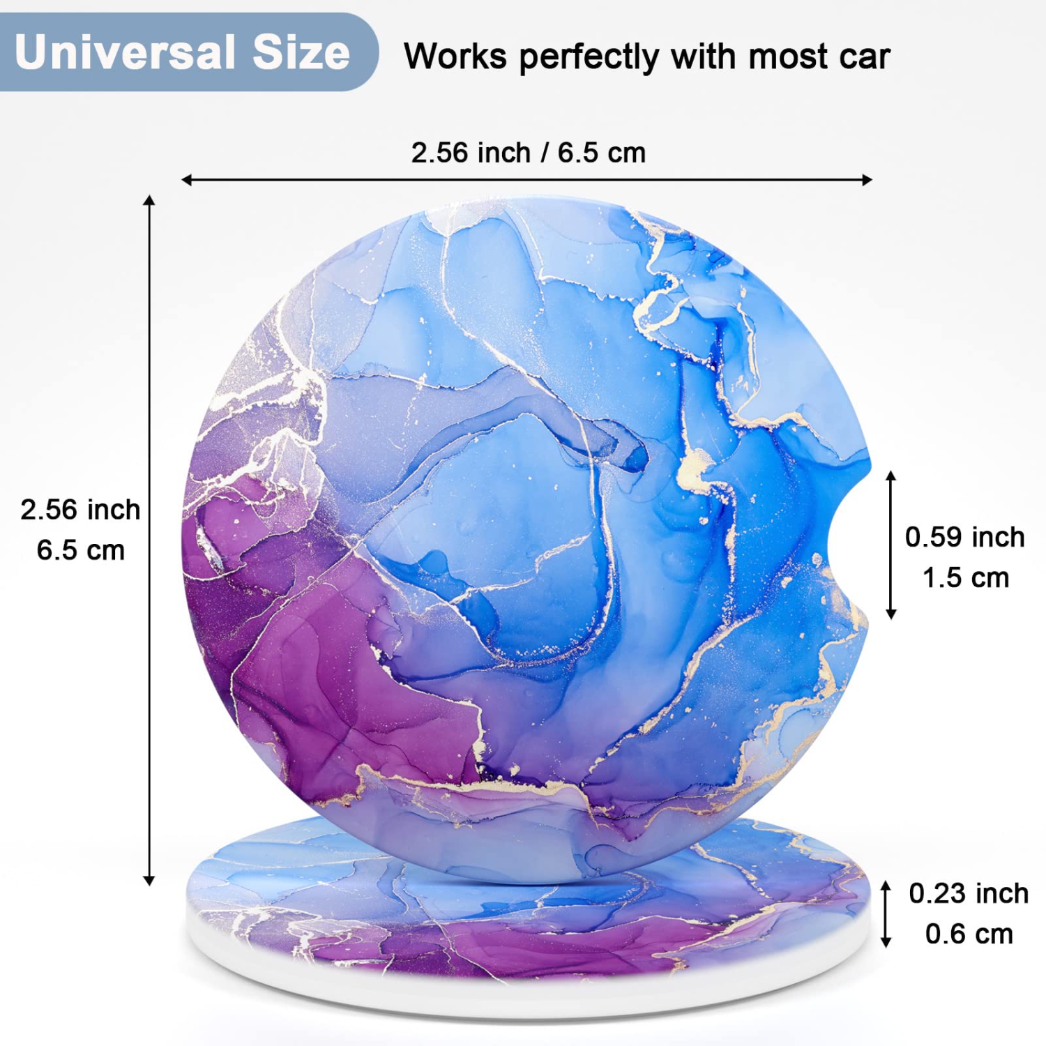 Car Coasters for Cup Holders, 2 Pack Absorbent Ceramic Car Cup Holder Coaster for Drinks, Cute Car Assecories for Women Men, Size 2.56" with Finger