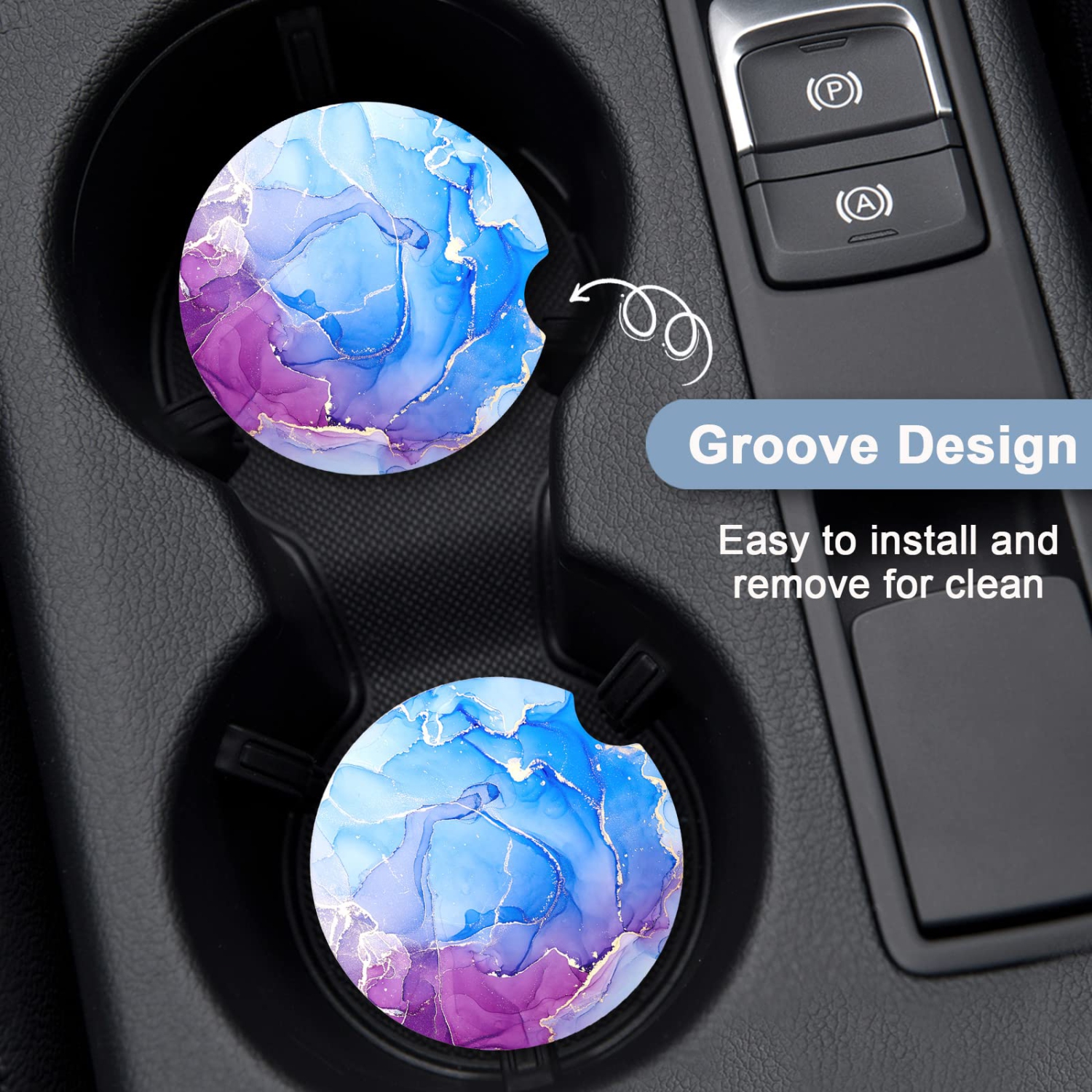 Car Coasters for Cup Holders, 2 Pack Absorbent Ceramic Car Cup Holder Coaster for Drinks, Cute Car Assecories for Women Men, Size 2.56" with Finger