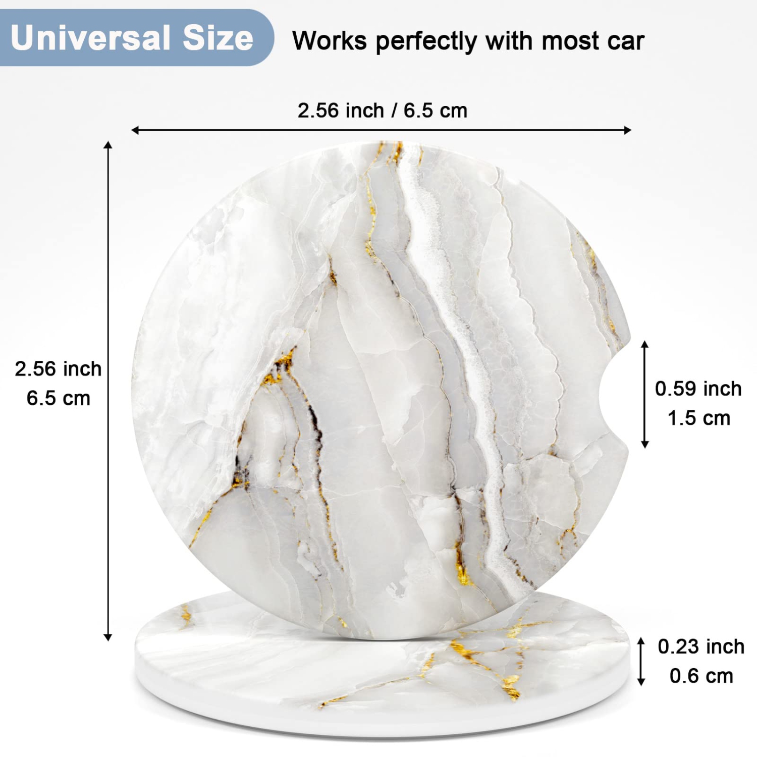 Car Coasters for Cup Holders, 2 Pack Absorbent Ceramic Car Cup Holder Coaster for Drinks, Cute Car Assecories for Women Men, Size 2.56" with Finger