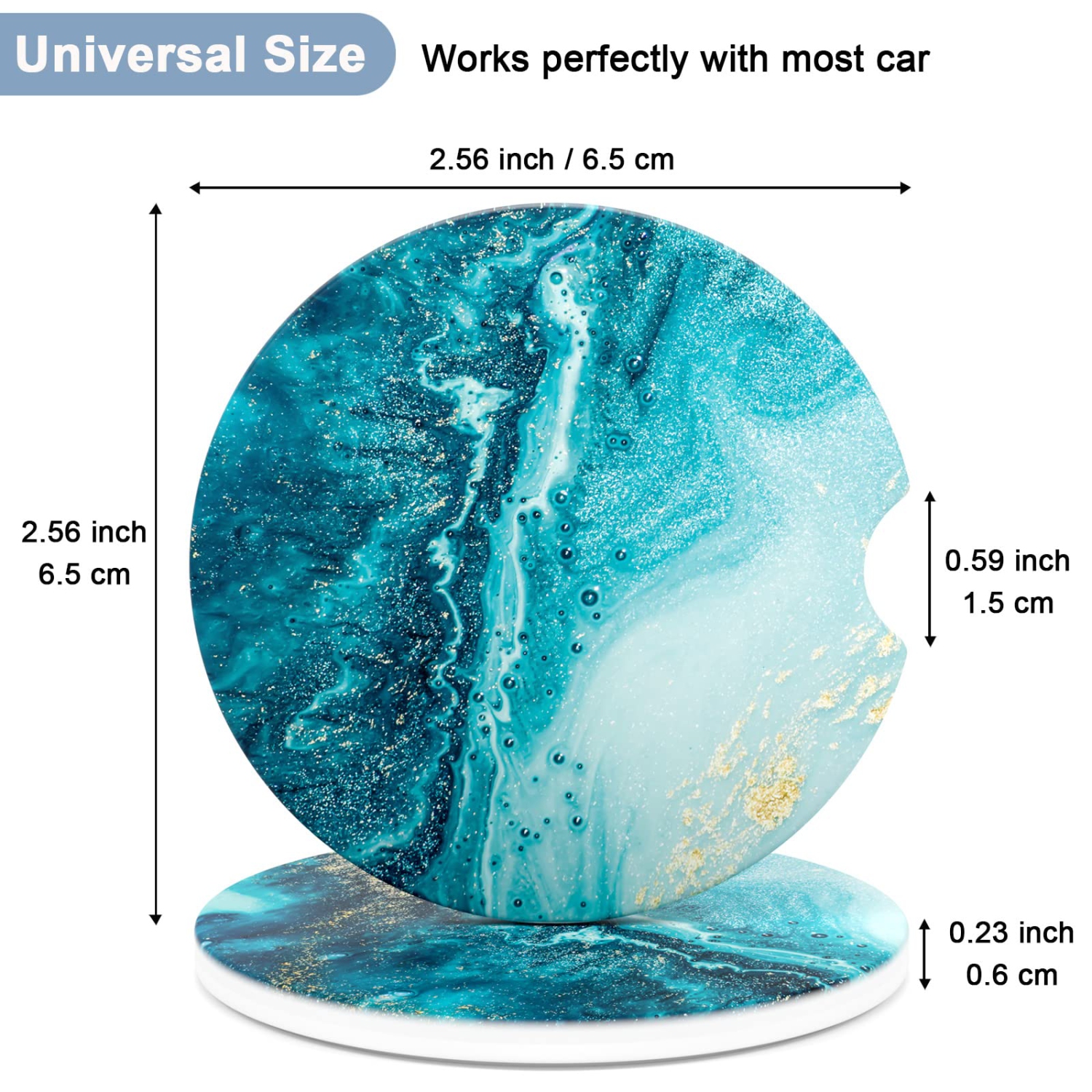 Car Coasters for Cup Holders, 2 Pack Absorbent Ceramic Car Cup Holder Coaster for Drinks, Cute Car Assecories for Women Men, Size 2.56" with Finger