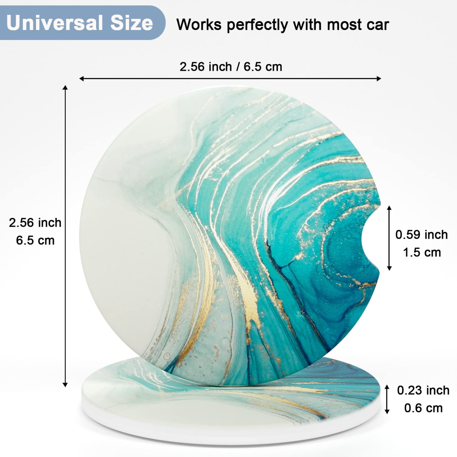 Car Coasters for Cup Holders, 2 Pack Absorbent Ceramic Car Cup Holder Coaster for Drinks, Cute Car Assecories for Women Men, Size 2.56" with Finger