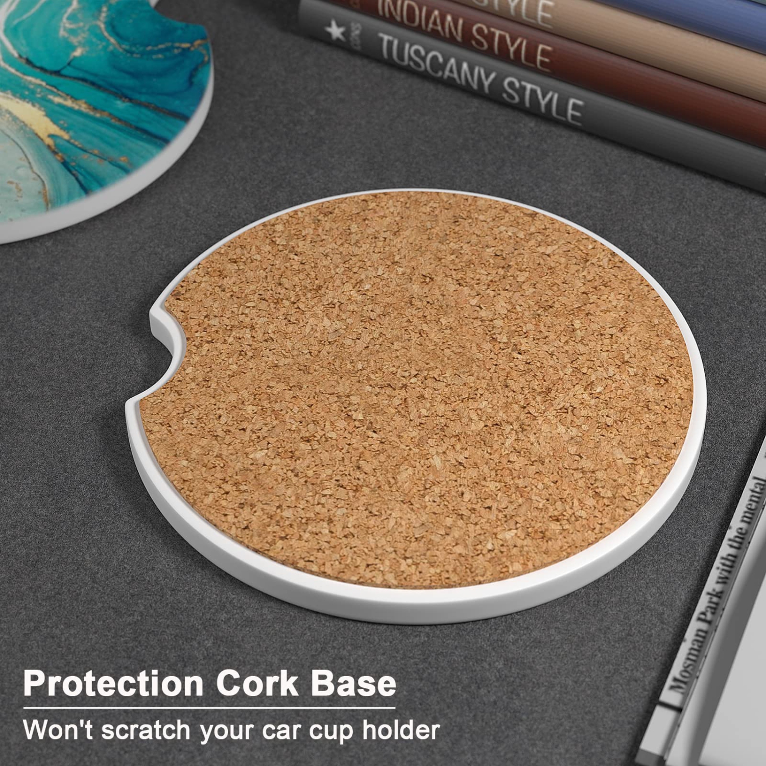 Car Coasters for Cup Holders, 2 Pack Absorbent Ceramic Car Cup Holder Coaster for Drinks, Cute Car Assecories for Women Men, Size 2.56" with Finger