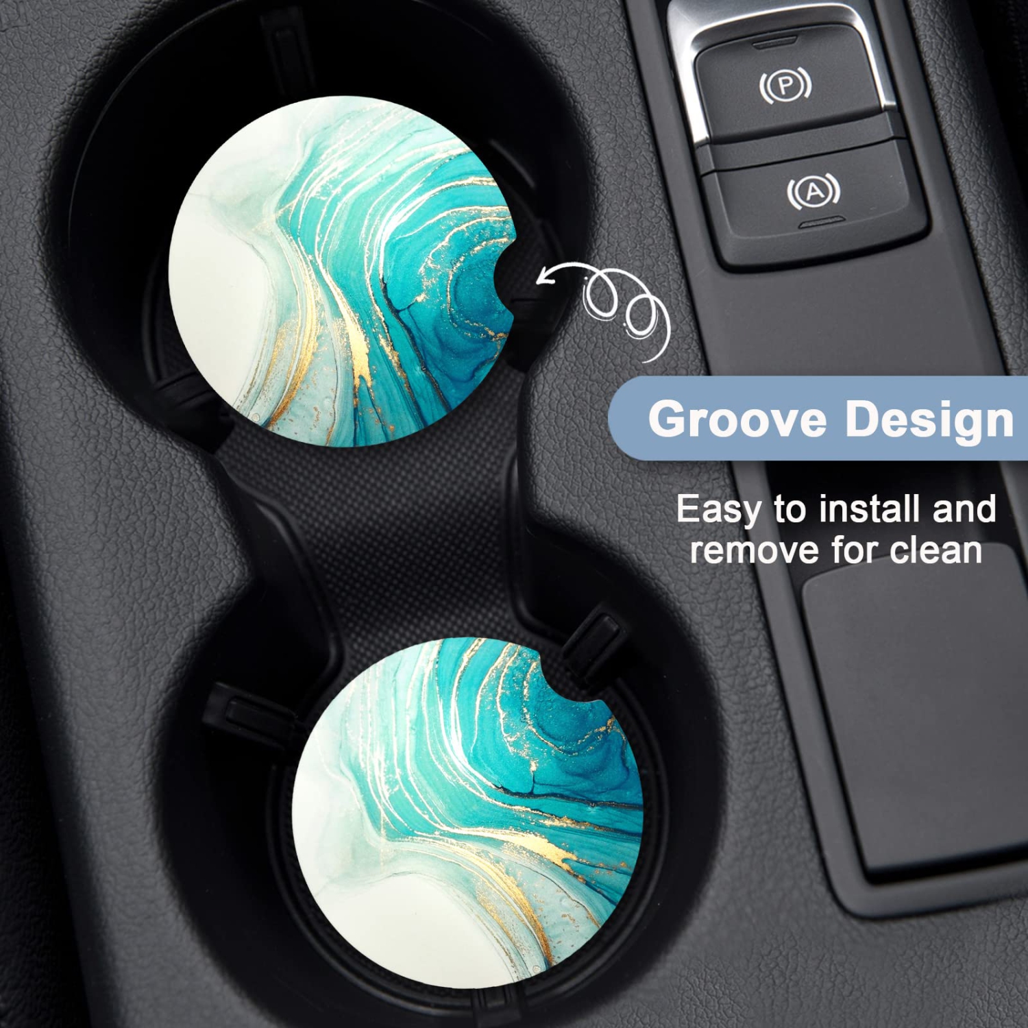 Car Coasters for Cup Holders, 2 Pack Absorbent Ceramic Car Cup Holder Coaster for Drinks, Cute Car Assecories for Women Men, Size 2.56" with Finger