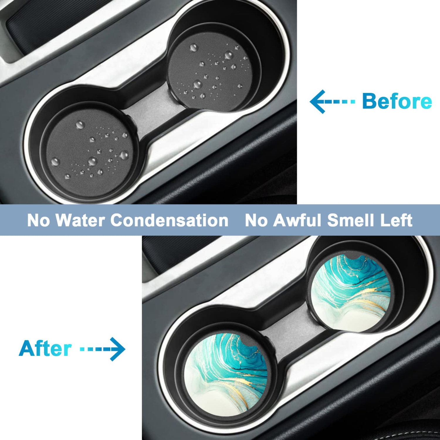 Car Coasters for Cup Holders, 2 Pack Absorbent Ceramic Car Cup Holder Coaster for Drinks, Cute Car Assecories for Women Men, Size 2.56" with Finger