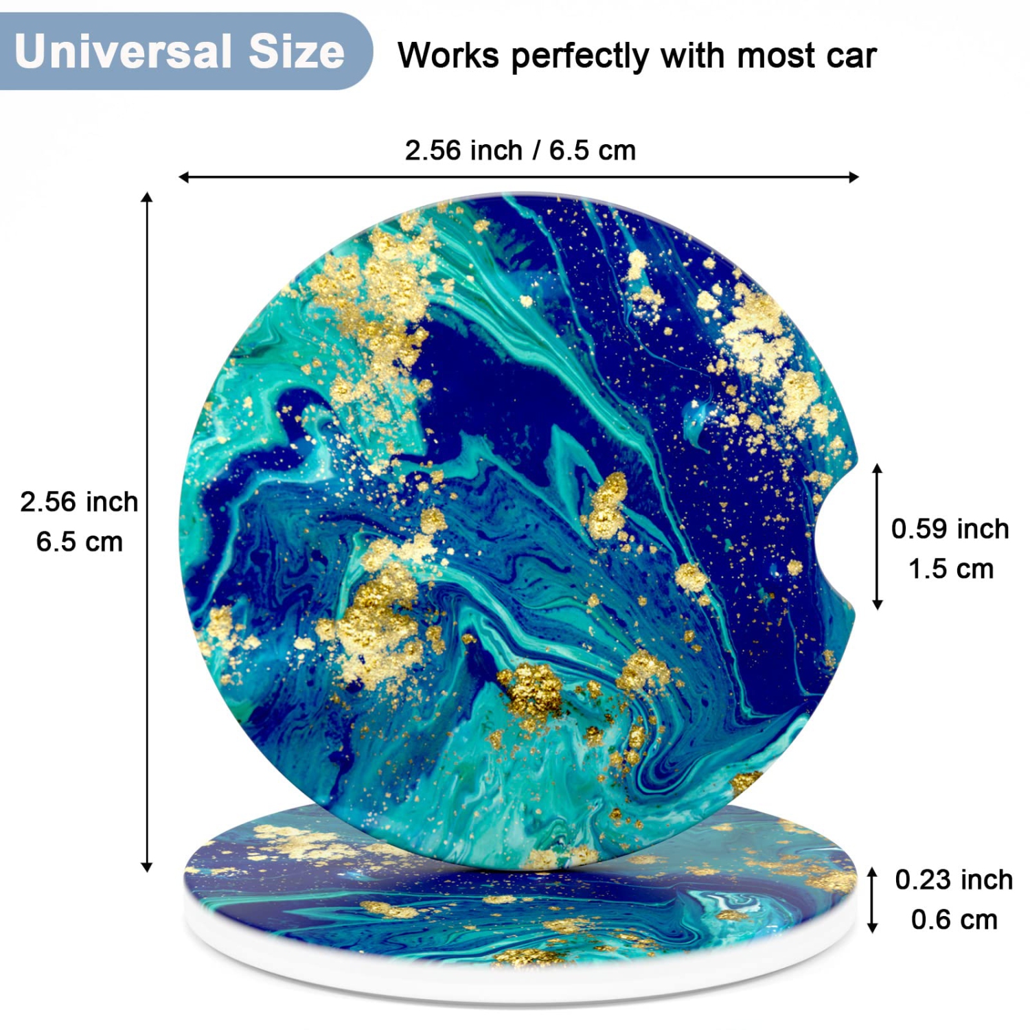 Car Coasters for Cup Holders, 2 Pack Absorbent Ceramic Car Cup Holder Coaster for Drinks, Cute Car Assecories for Women Men, Size 2.56" with Finger