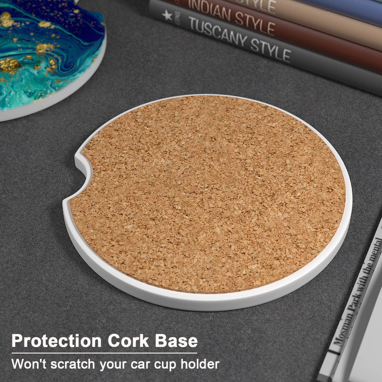 Car Coasters for Cup Holders, 2 Pack Absorbent Ceramic Car Cup Holder Coaster for Drinks, Cute Car Assecories for Women Men, Size 2.56" with Finger