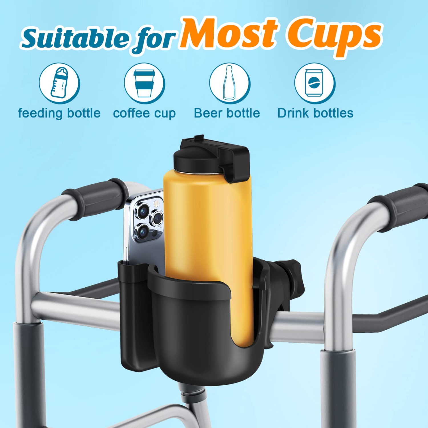 Stroller Cup Holder,Gusieapue Universal Pushchair/Pram Cup Holder,Baby Bottle Organizer for Stroller,Drink and Coffee Cup Holder with Phone Storage