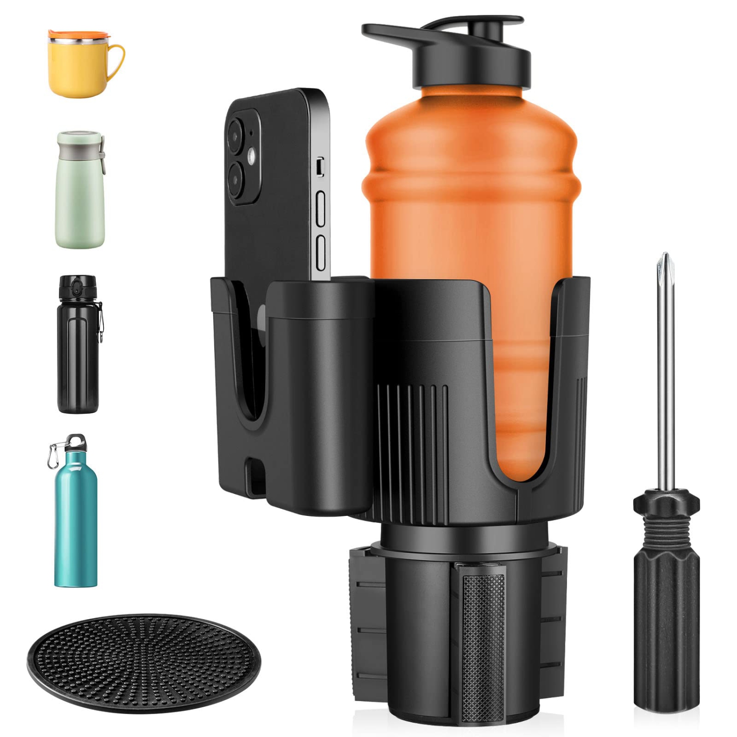 Car Cup Holder Expander with Phone Holder, 2 in 1 Big Cup Holder Extender with Adjustable Base, Large Cupholders Adapter Compatible with Hydro Flask,