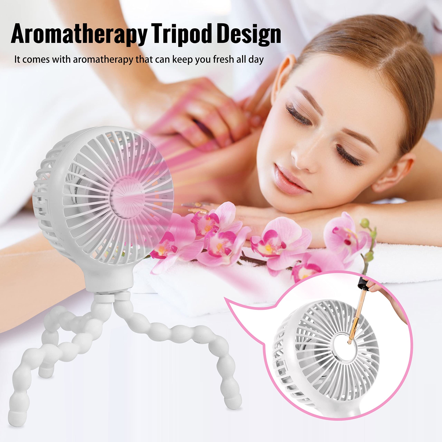Stroller Fan Upgraded Portable Fan Versatile Fan Personal Desk Fan USB Rechargeable Fan with LED Light and Aromatherapy Flexible Tripod Design