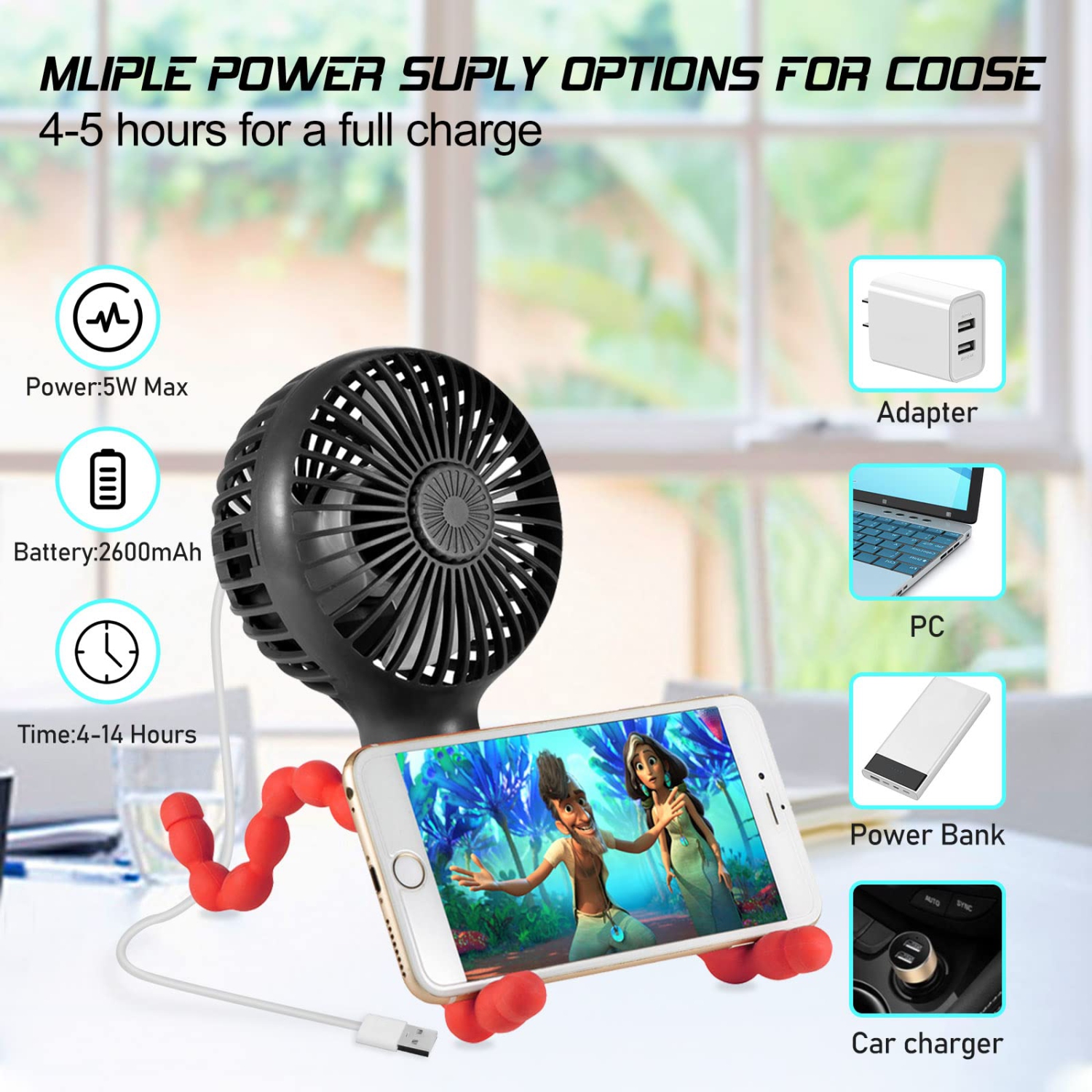 Stroller Fan Upgraded Portable Fan Versatile Fan Personal Desk Fan USB Rechargeable Fan with LED Light Flexible Tripod Design Handheld Fan 3 Speeds