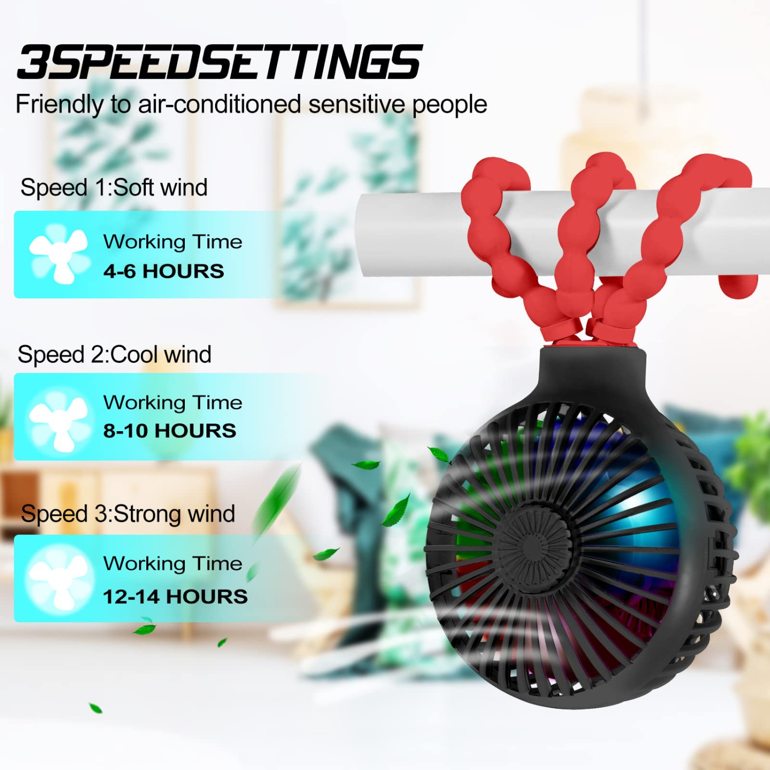 Stroller Fan Upgraded Portable Fan Versatile Fan Personal Desk Fan USB Rechargeable Fan with LED Light Flexible Tripod Design Handheld Fan 3 Speeds