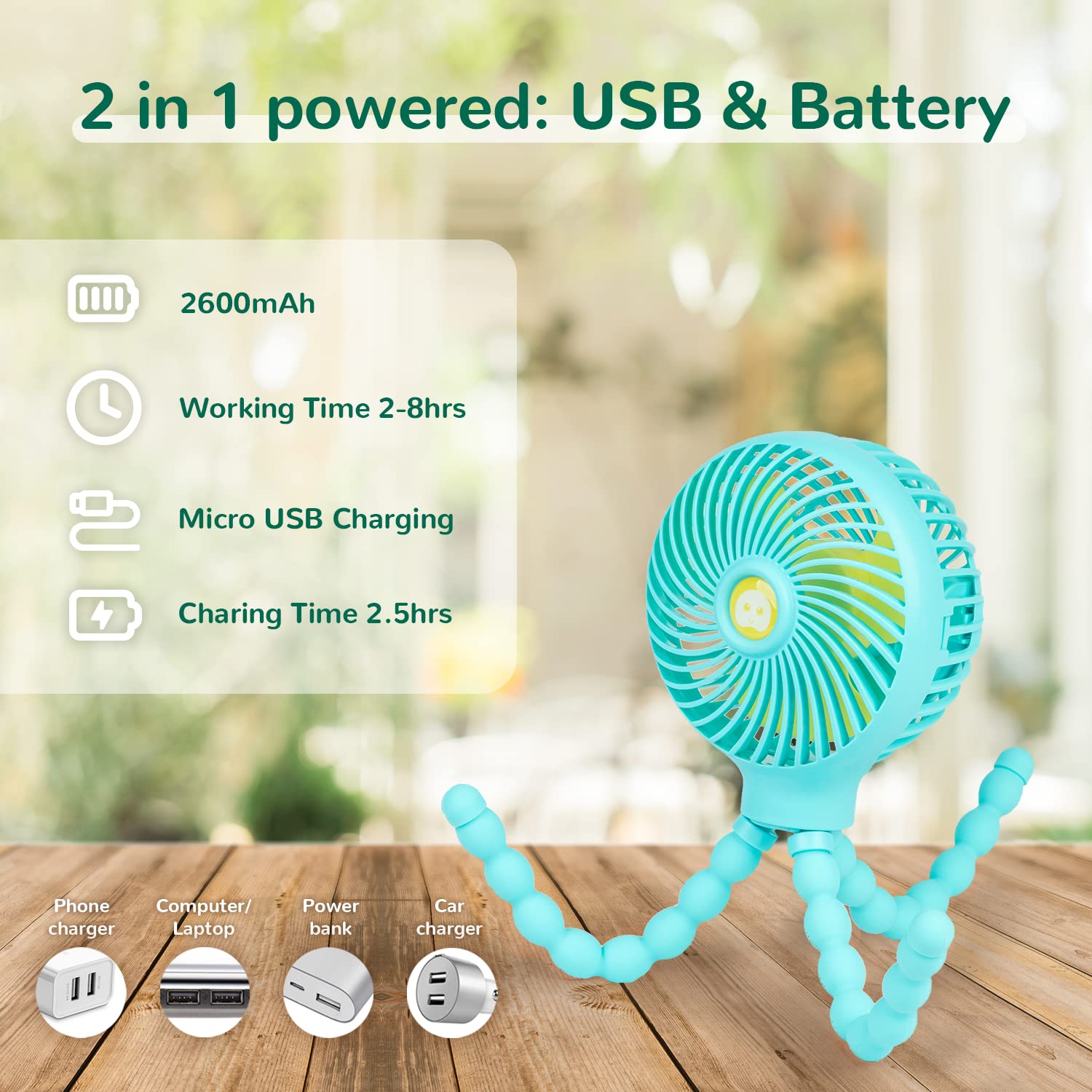 Mini Baby Stroller Fan, Handheld Personal Portable Clip On Fan with Flexible Tripod for Stroller Bike Desk Treadmill Crib Car Seat Outdoor Camping,