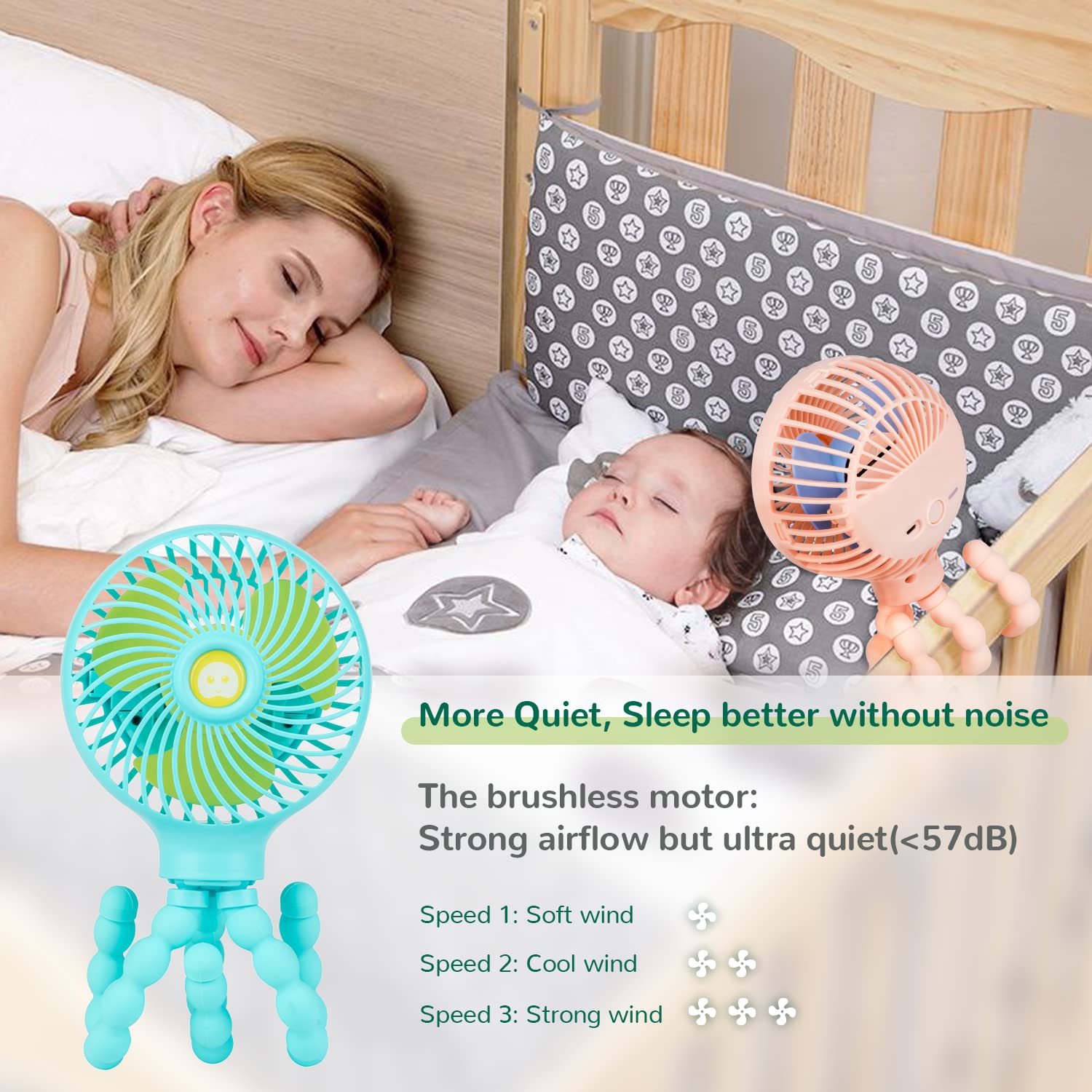 Mini Baby Stroller Fan, Handheld Personal Portable Clip On Fan with Flexible Tripod for Stroller Bike Desk Treadmill Crib Car Seat Outdoor Camping,