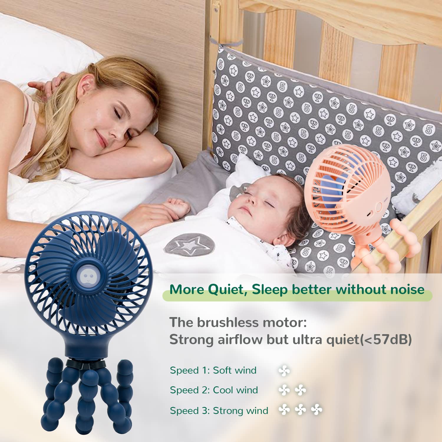 Mini Baby Stroller Fan, Handheld Personal Portable Clip On Fan with Flexible Tripod for Stroller Bike Desk Treadmill Crib Car Seat Outdoor Camping,