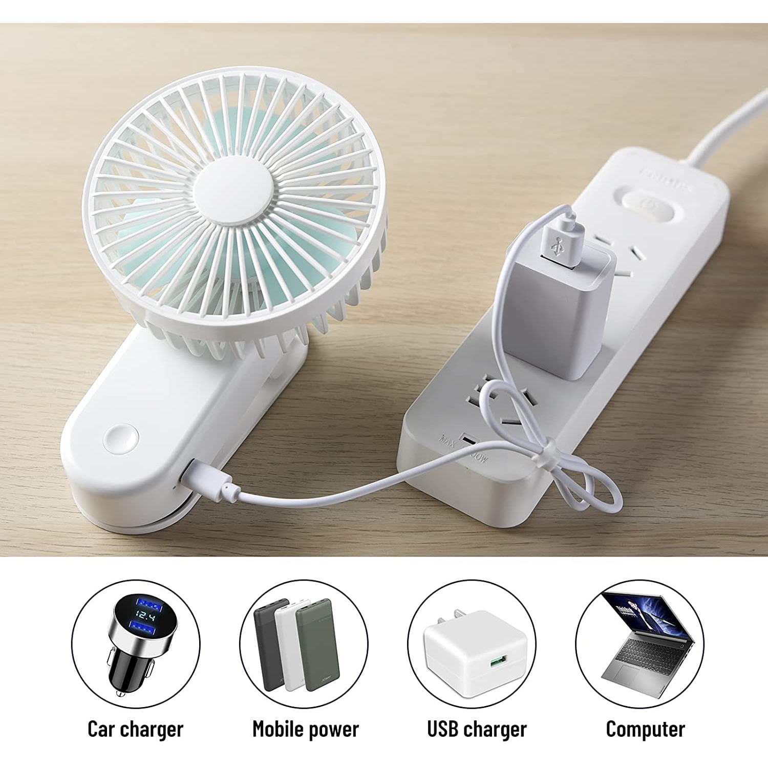 Mini ventilateur portatif à pince, 2400mAh ventilateur de poussette rechargeable USB à piles avec aimant - Blanc