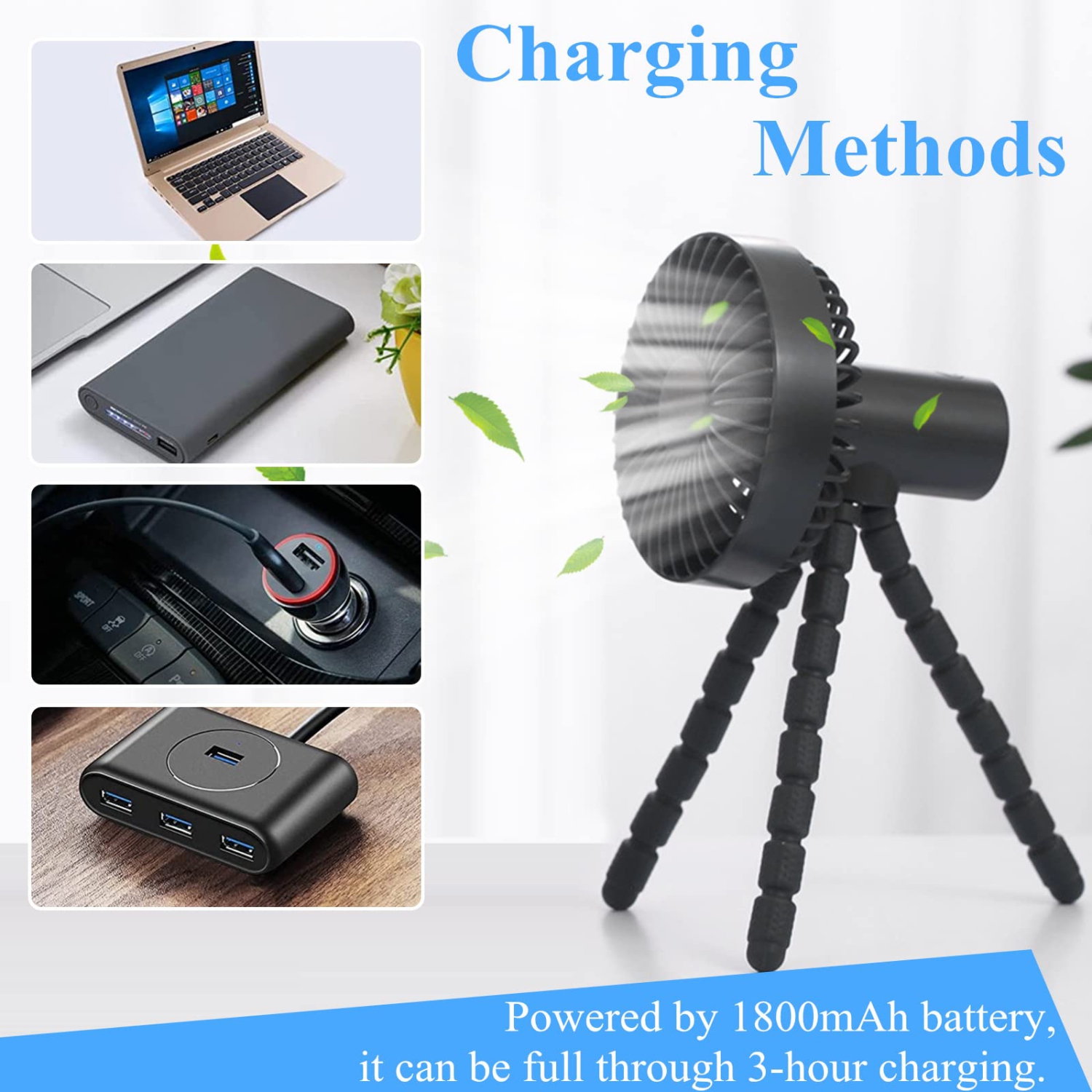 Ventilateur de poussette portatif, ventilateur de poussette à piles pour bébé, ventilateur de ventilateur flexible portatif à 3 vitesses, ventilateur