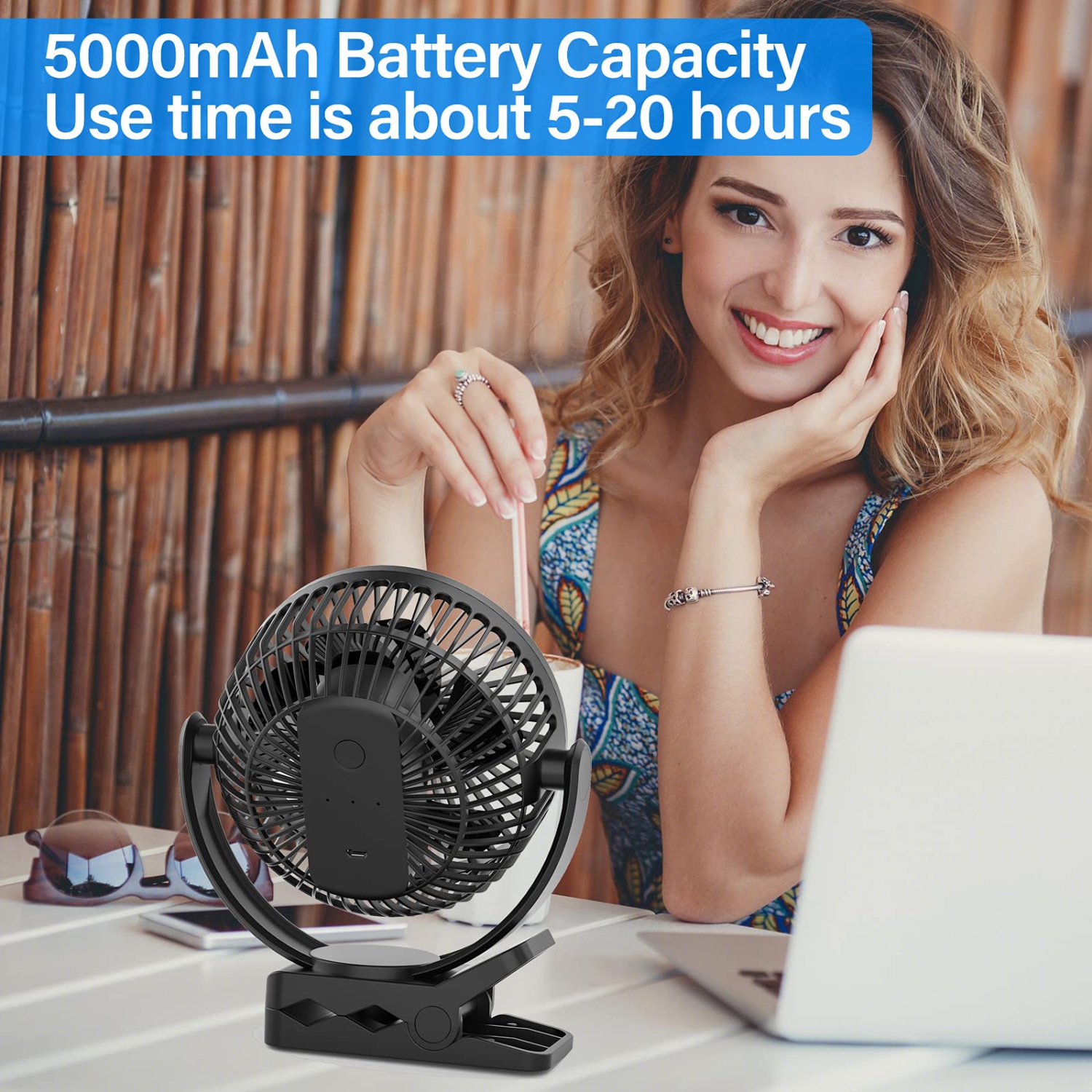 USB Portable Fan, 5000mAh Charging Portable Battery Clip on Fans, 6Inch Quiet USB Personal Desk Fan, 3 Speeds, 720° angle adjustment, Small Stroller