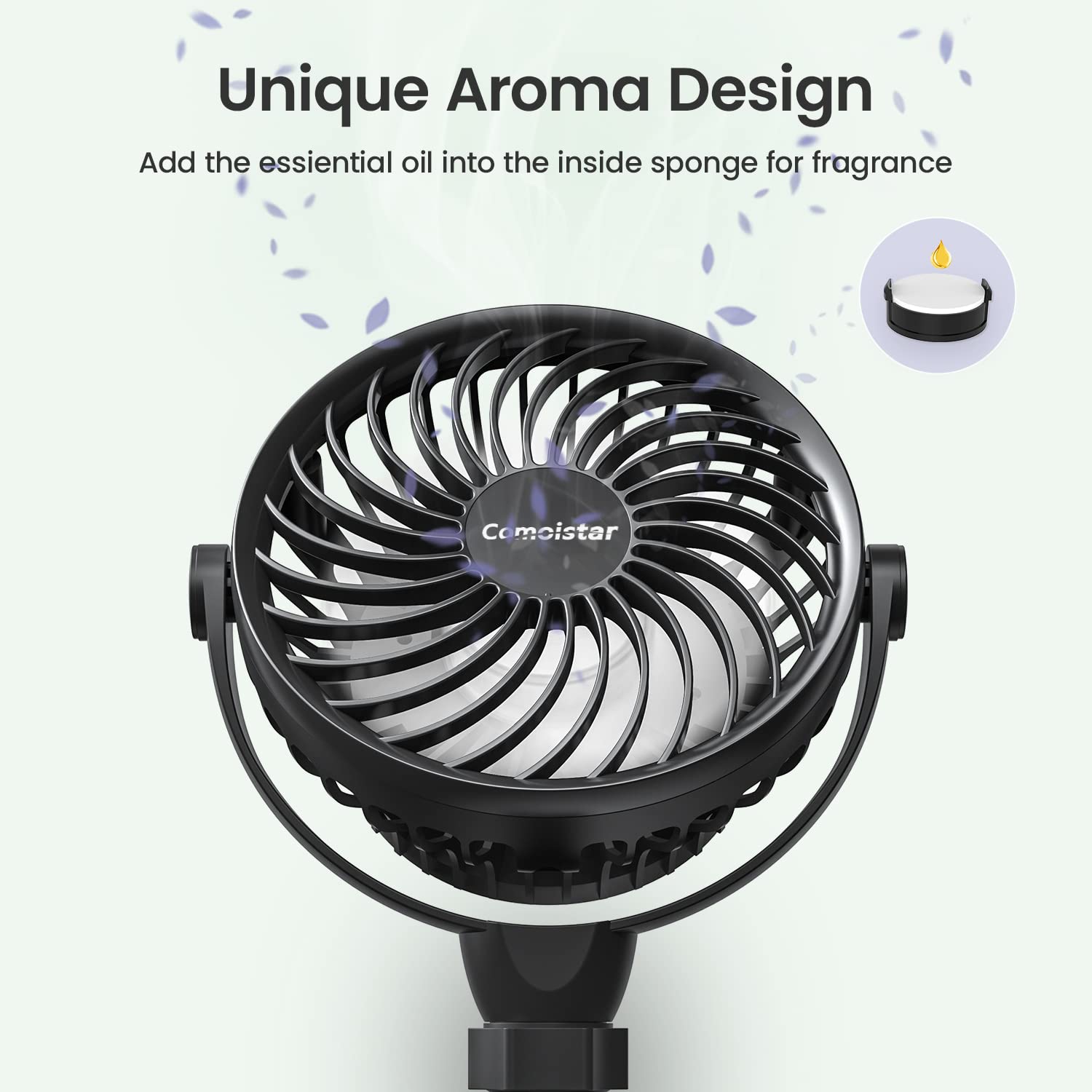 Portable 4000 mAh Personal Stroller Fan with Flexible Tripod, 4 Speeds Clip-on Versatile Fans with Aroma Function, USB Powered,360°Rotation for Car,