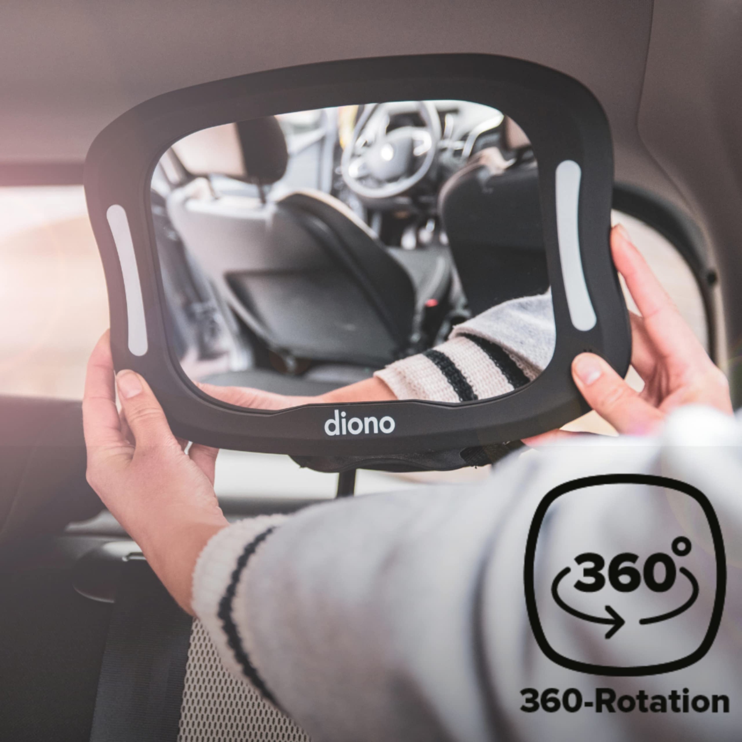 Easy View XXL Baby Car Mirror with Extra Wide View, Safety Car Seat Mirror for Rear Facing Infant with 360 Rotation, LED Night Light, Wide Crystal