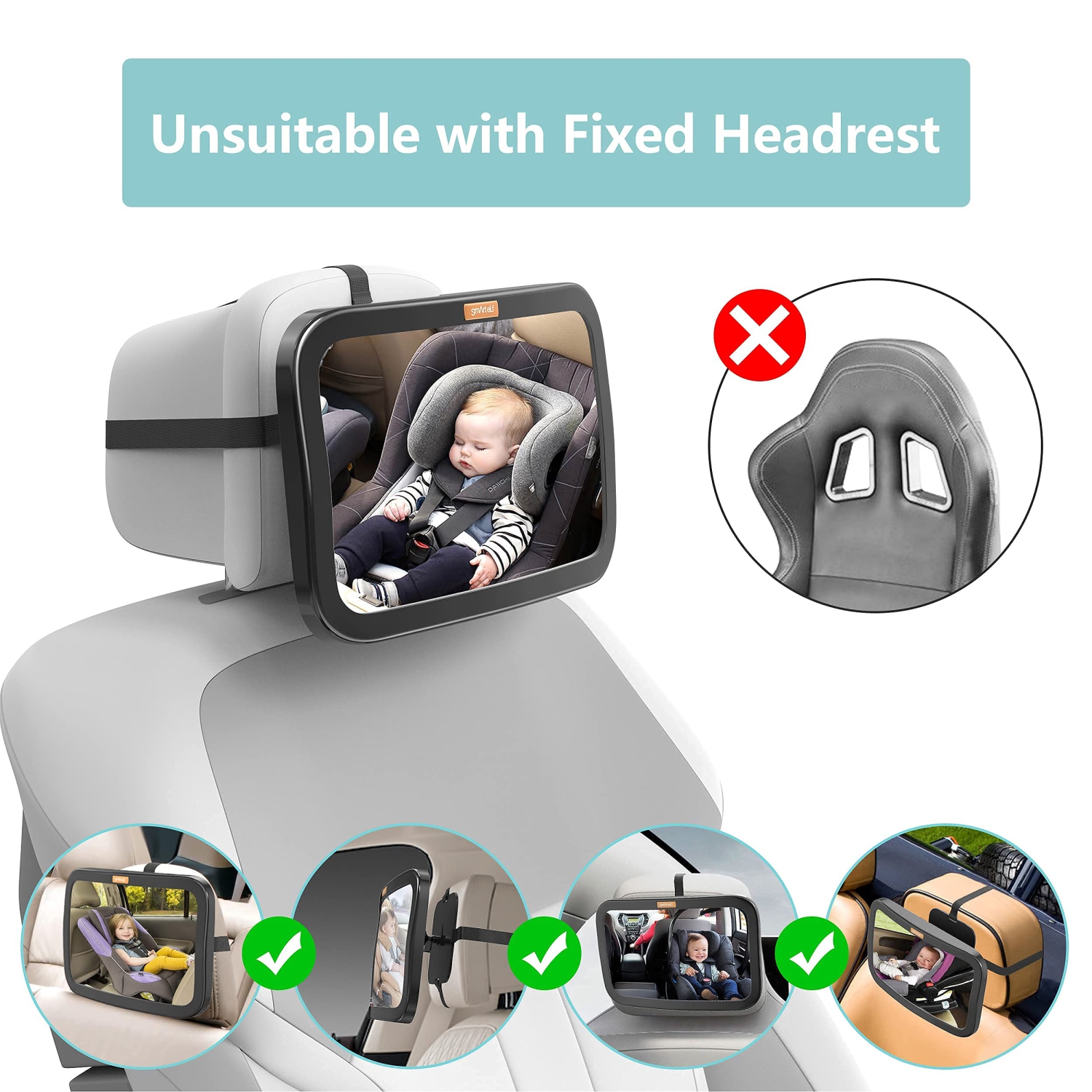 Smart eLf Baby Car Mirror, Safety Car Seat Mirror for Rear Facing Infant with Wide Crystal Clear View, Shatterproof, Fully Assembled, Crash Tested