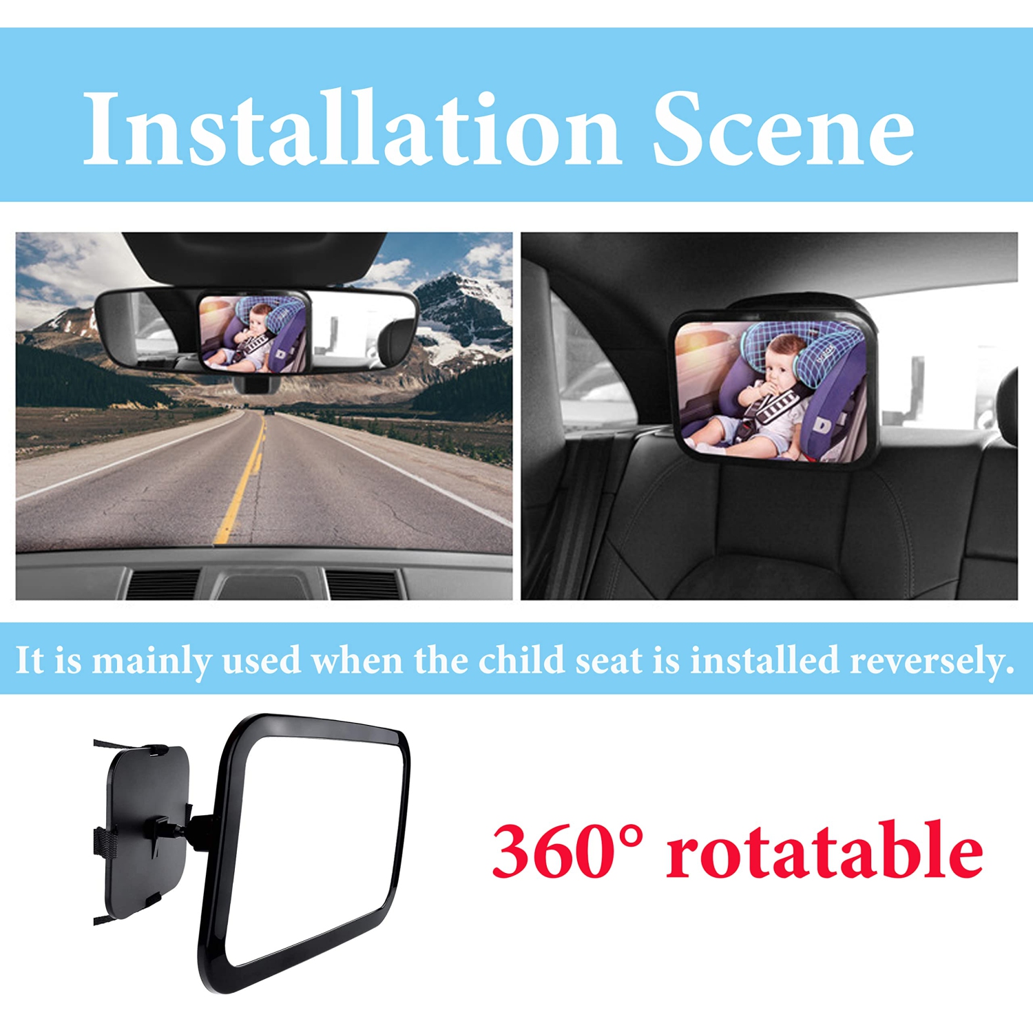 Rétroviseur de voiture de bébé, rétroviseur de siège d'auto pour orientation arrière avec vue large, incassable, entièrement assemblé, testé en