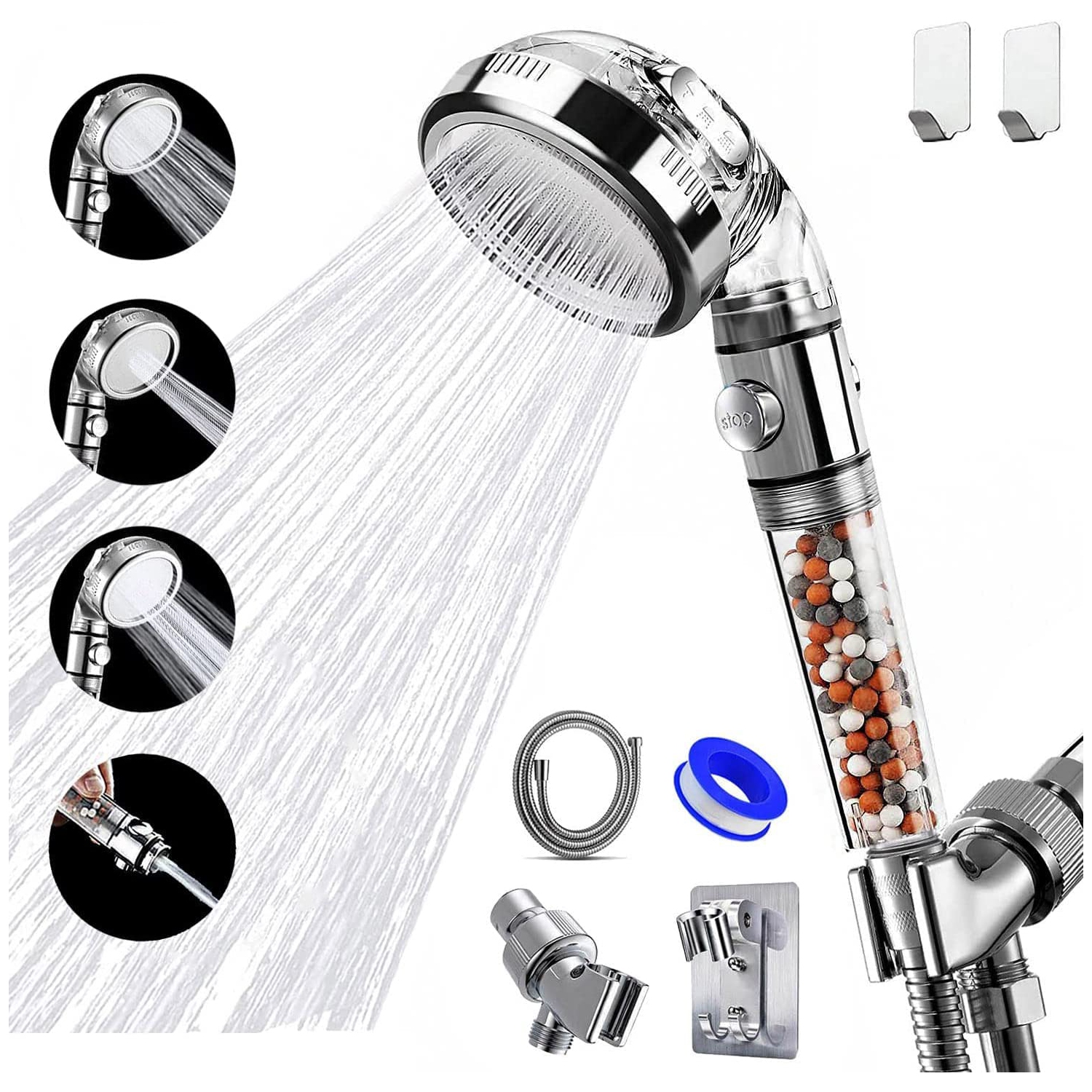 Pomme de douche avec filtre, haute pression 3 modes douche avec interrupteur de pause MARCHE/arrêt, pomme de douche à eau filtrée à main avec tuyau