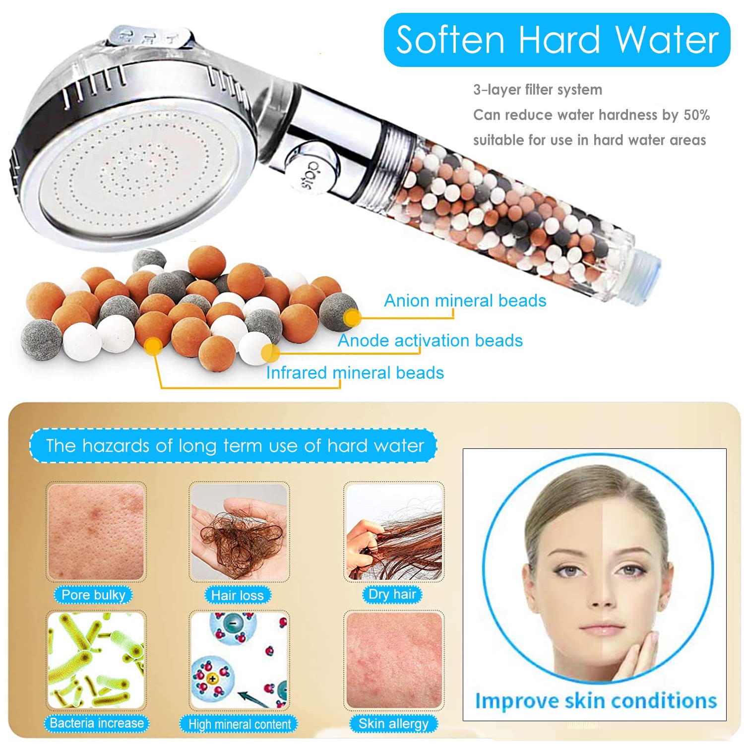 Pomme de douche avec filtre, haute pression 3 modes douche avec interrupteur de pause MARCHE/arrêt, pomme de douche à eau filtrée à main avec tuyau