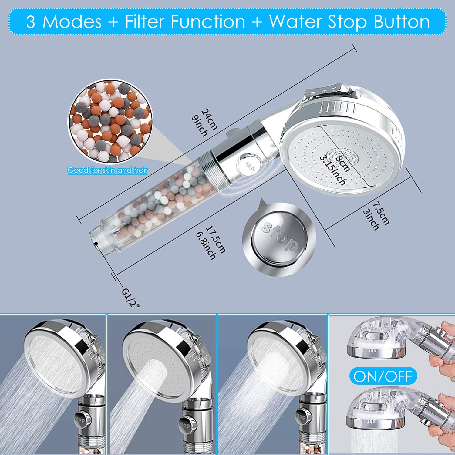 Pomme de douche avec filtre, haute pression 3 modes douche avec interrupteur de pause MARCHE/arrêt, pomme de douche à eau filtrée à main avec tuyau