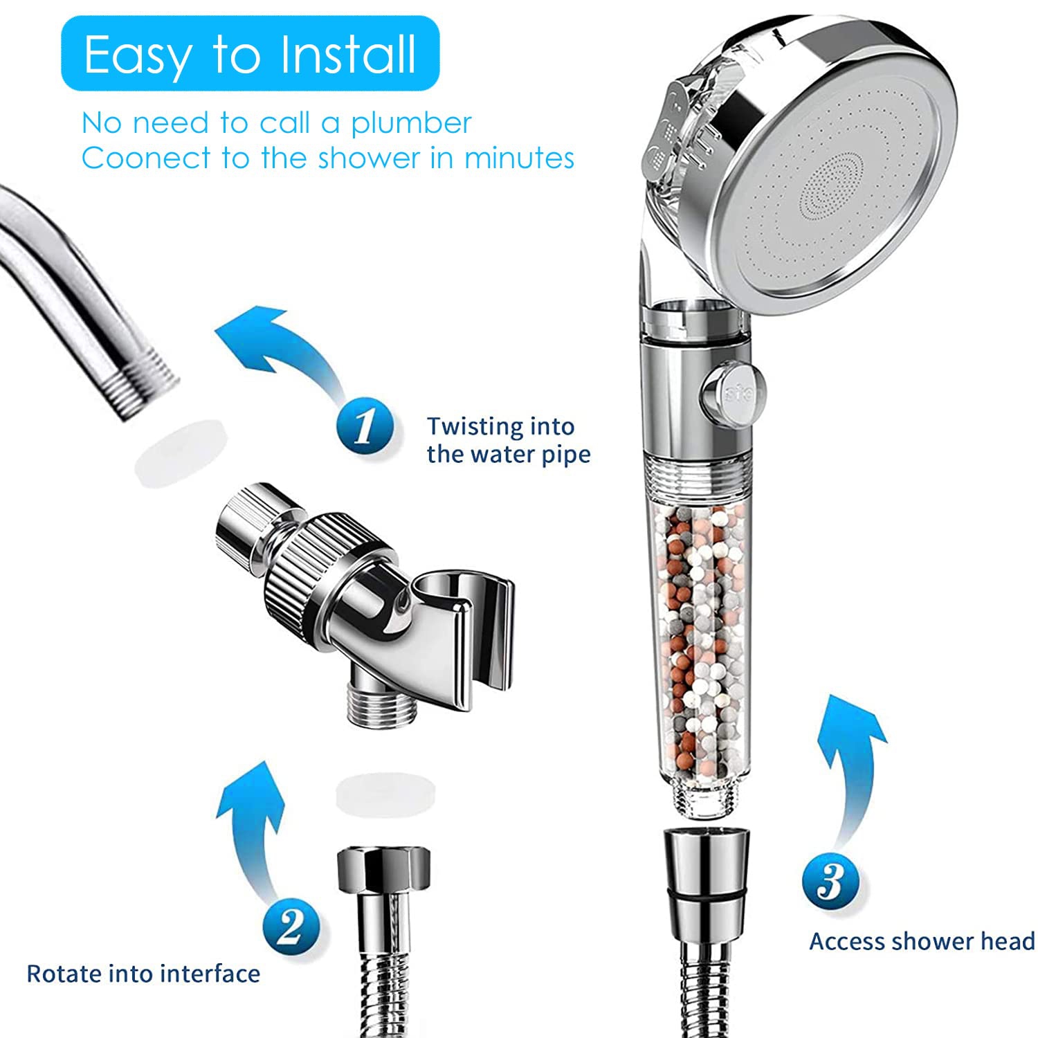 Pomme de douche avec filtre, haute pression 3 modes douche avec interrupteur de pause MARCHE/arrêt, pomme de douche à eau filtrée à main avec tuyau