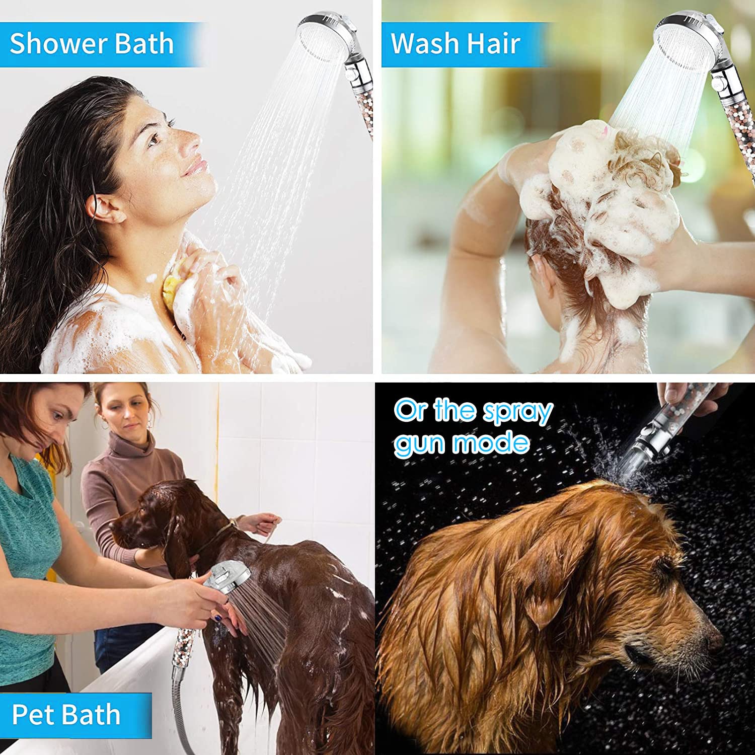 Pomme de douche avec filtre, haute pression 3 modes douche avec interrupteur de pause MARCHE/arrêt, pomme de douche à eau filtrée à main avec tuyau