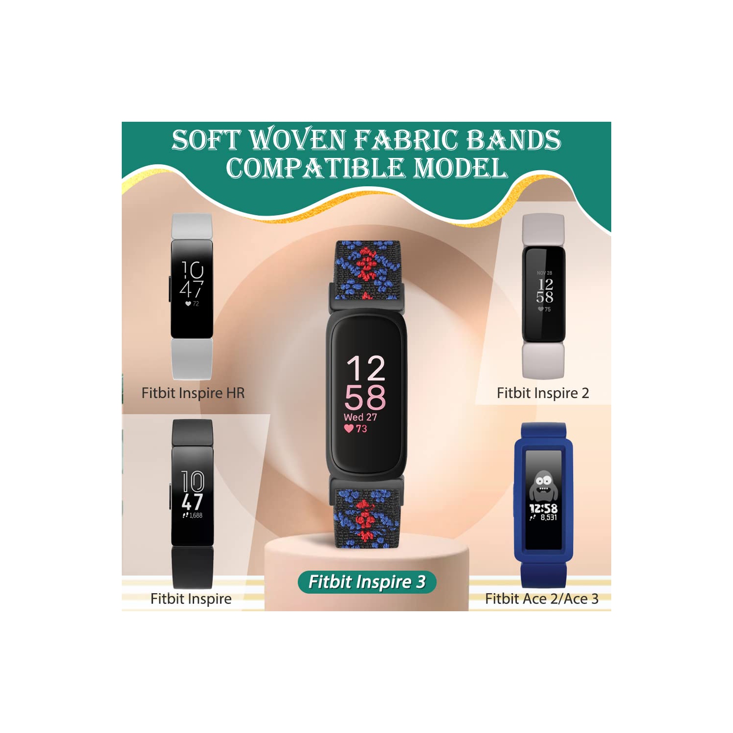 Bracelets élastiques ajustables compatibles avec Inspire 3/Inspire 2/Inspire/Inspire HR/Inspire 3/Ace 2 de Fitbit, bracelets sport à boucle en nylon