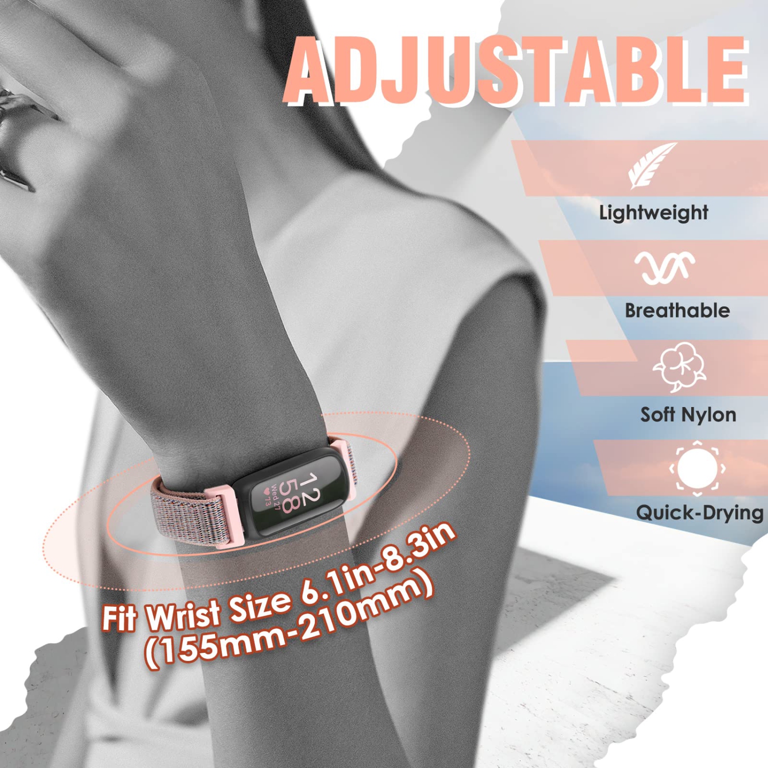 Bracelet sport en nylon compatible avec Inspire 3/Inspire 2/Inspire HR/Inspire/Inspire/Ace 3/Ace 2 pour femmes, bracelet en nylon doux perméable à