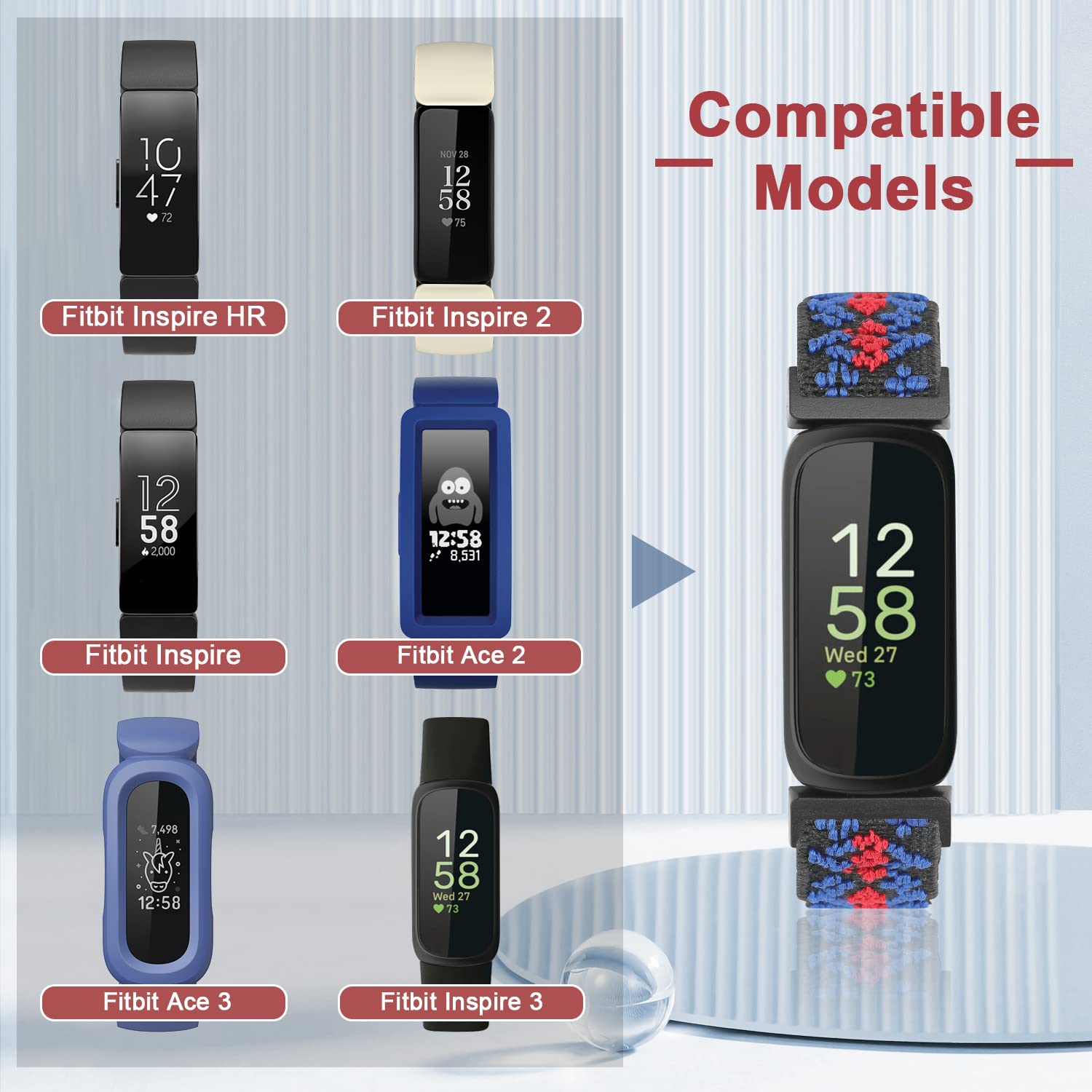 Elastic Nylon Sport Bands for Fitbit Inspire 3/Inspire 2/Inspire/Inspire HR/Ace 3/Ace 2 Women Men Kids, Adjustable Stretchy Comfortable Nylon