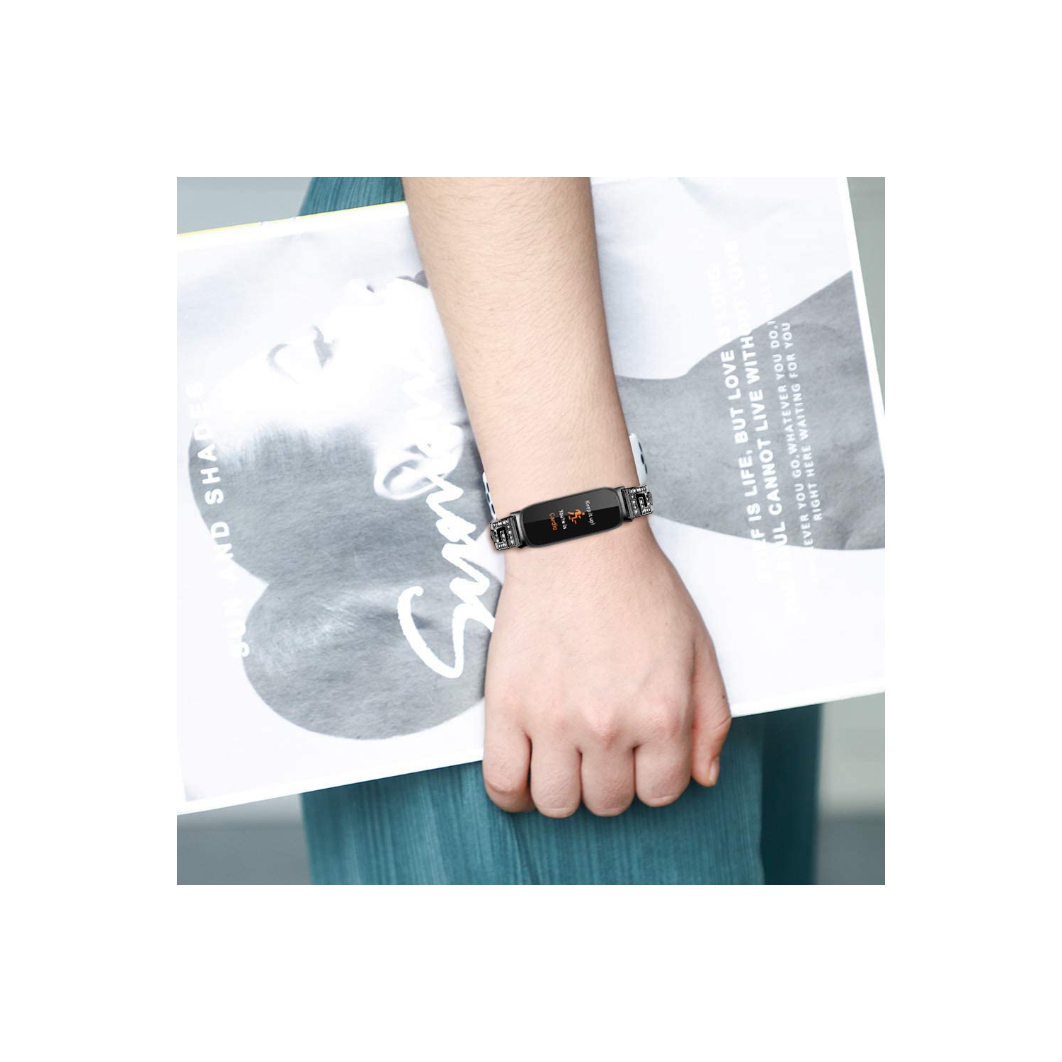 Compatible for Fitbit Inspire 3 Metal Bands with Tools, Rhinestone Diamond Crystal Wristband Adjustable Stainless Steel Bracelet Jewelry Strap for