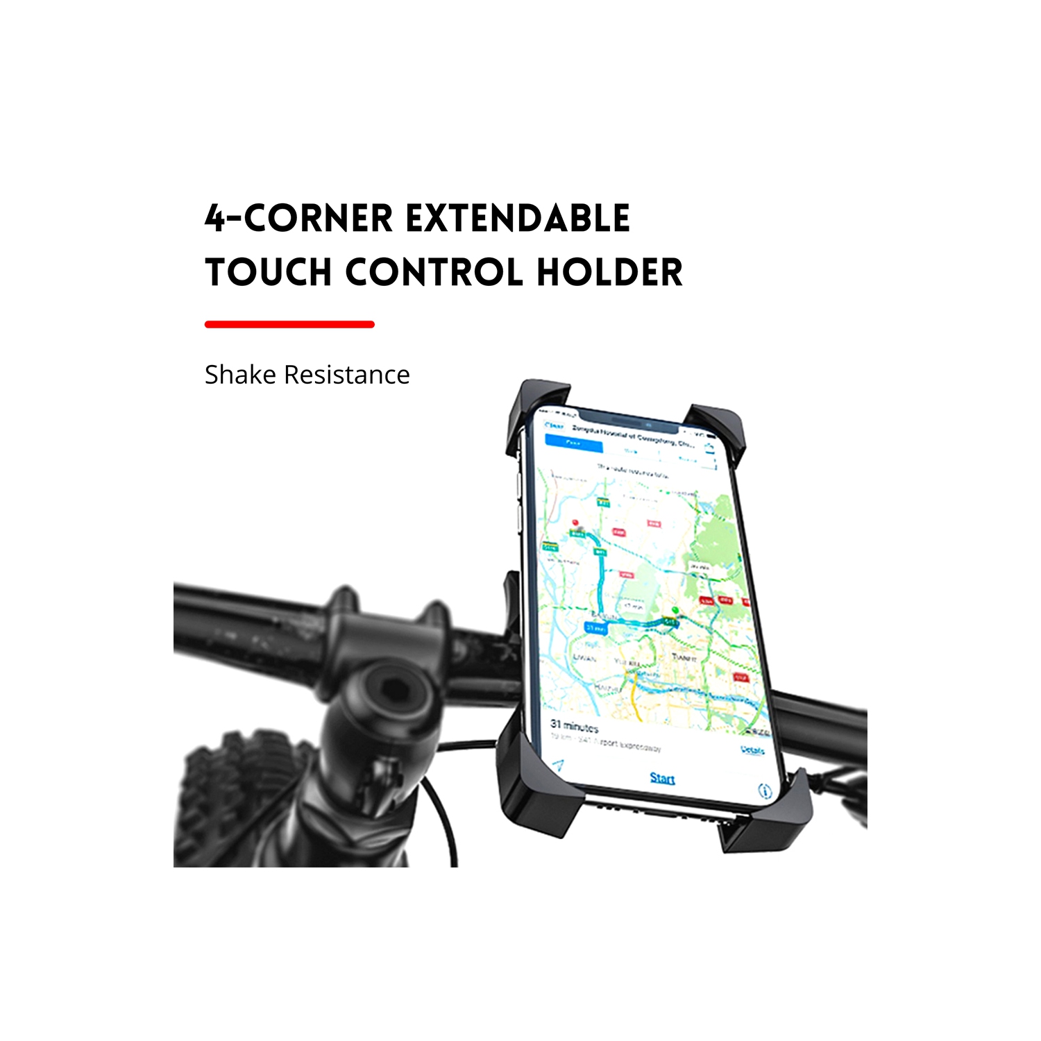 Handlebar Phone Holder 360 Degree Rotation ONE-Click Release & Lock Stainless Steel Clamp Arms Anti-Slip Cellphone Mount Compatible with Any