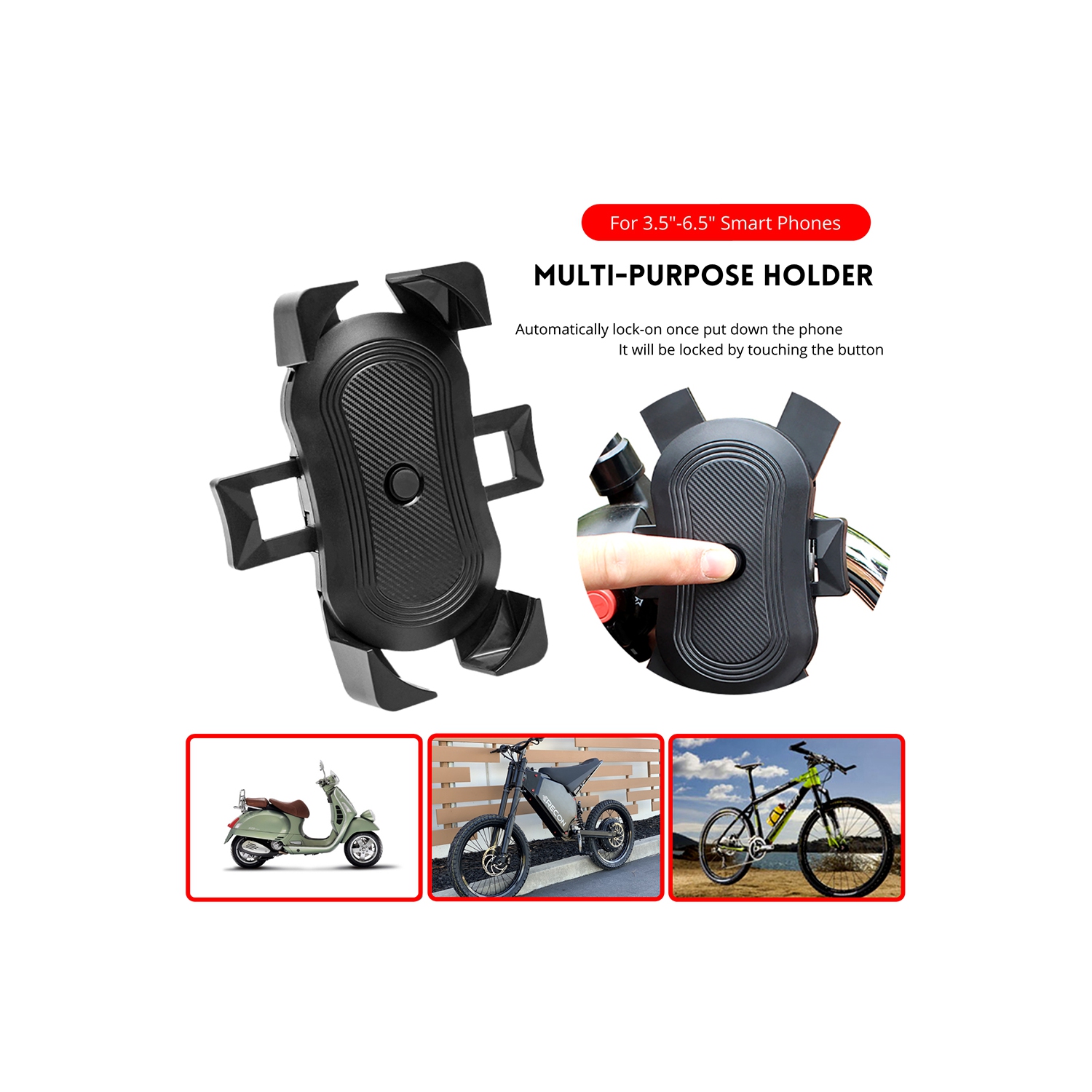 Handlebar Phone Holder 360 Degree Rotation ONE-Click Release & Lock Stainless Steel Clamp Arms Anti-Slip Cellphone Mount Compatible with Any