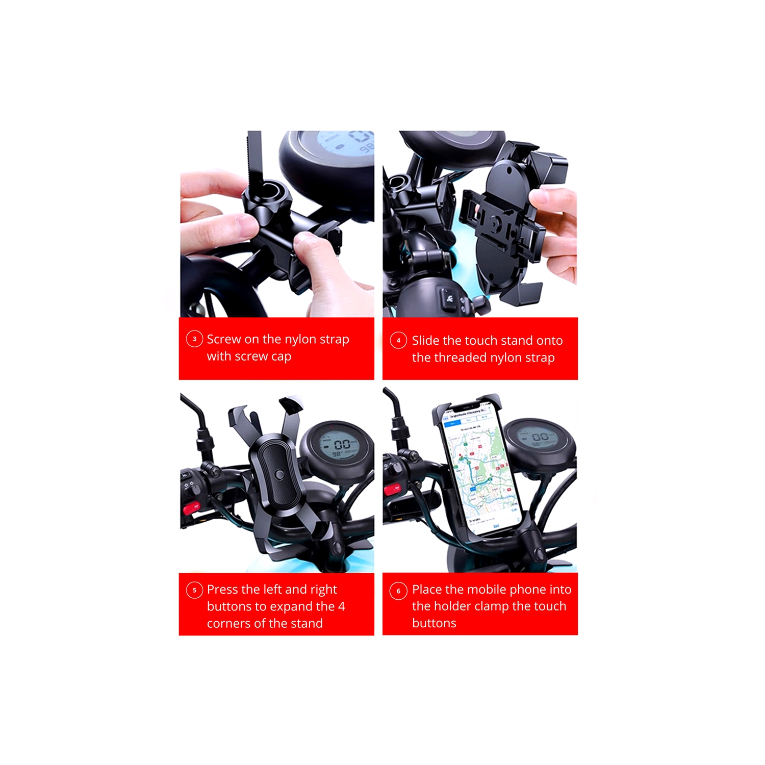 Handlebar Phone Holder 360 Degree Rotation ONE-Click Release & Lock Stainless Steel Clamp Arms Anti-Slip Cellphone Mount Compatible with Any