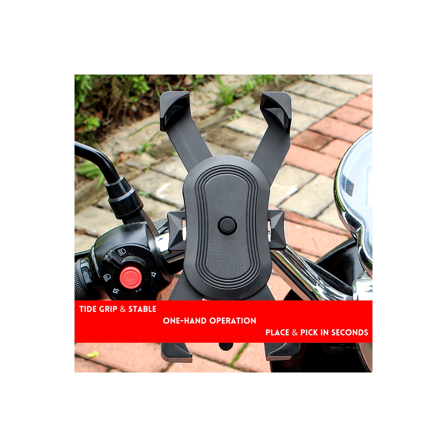 Handlebar Phone Holder 360 Degree Rotation ONE-Click Release & Lock Stainless Steel Clamp Arms Anti-Slip Cellphone Mount Compatible with Any