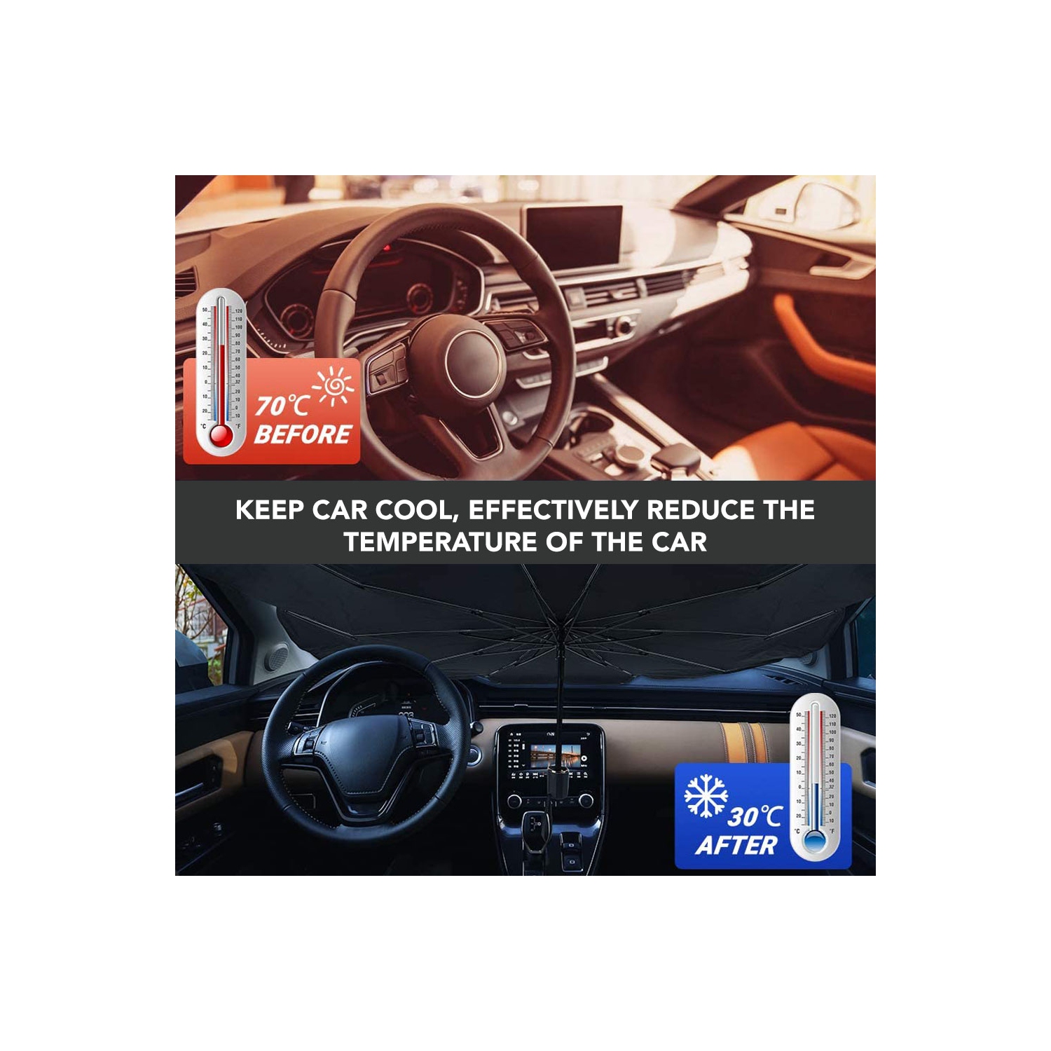 Foldable Car Windshield Sunshade Umbrella - UV Reflecting Sun Shade Heat Sun Visor Protector, Keep Your Vehicle Cool and Damage Free, Fit Most