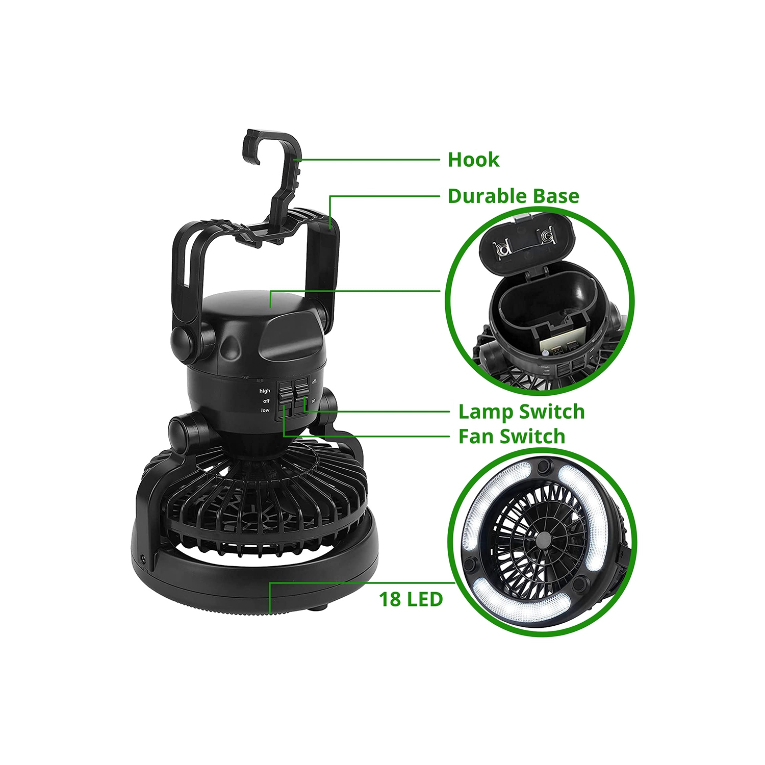 Portable 2 in 1 LED Camping Lantern with Ceiling Fan, 2-in-1 18 LED Hanging Tent Light and Air Flow Fan - Emergency Kit for Outdoor Activities,