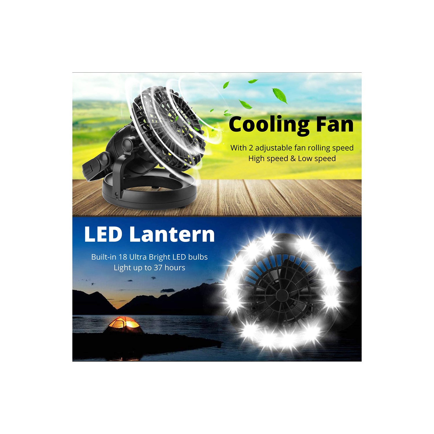 Portable 2 in 1 LED Camping Lantern with Ceiling Fan, 2-in-1 18 LED Hanging Tent Light and Air Flow Fan - Emergency Kit for Outdoor Activities,