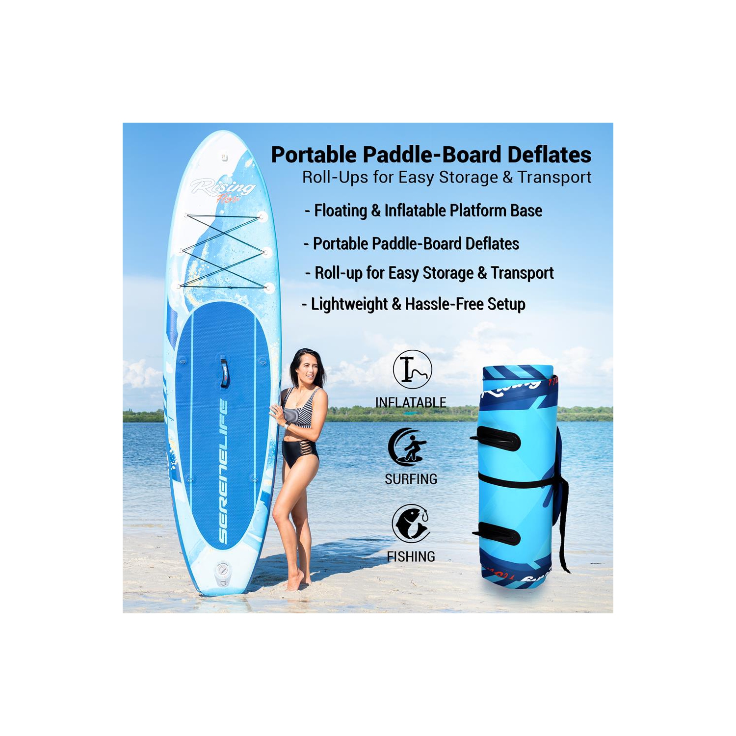 SereneLife Inflatable Stand Up Paddle Board with Premium SUP Accessories & Carry Bag | Wide Stance, Bottom Fin for Paddling, Surf Control, Non-Slip