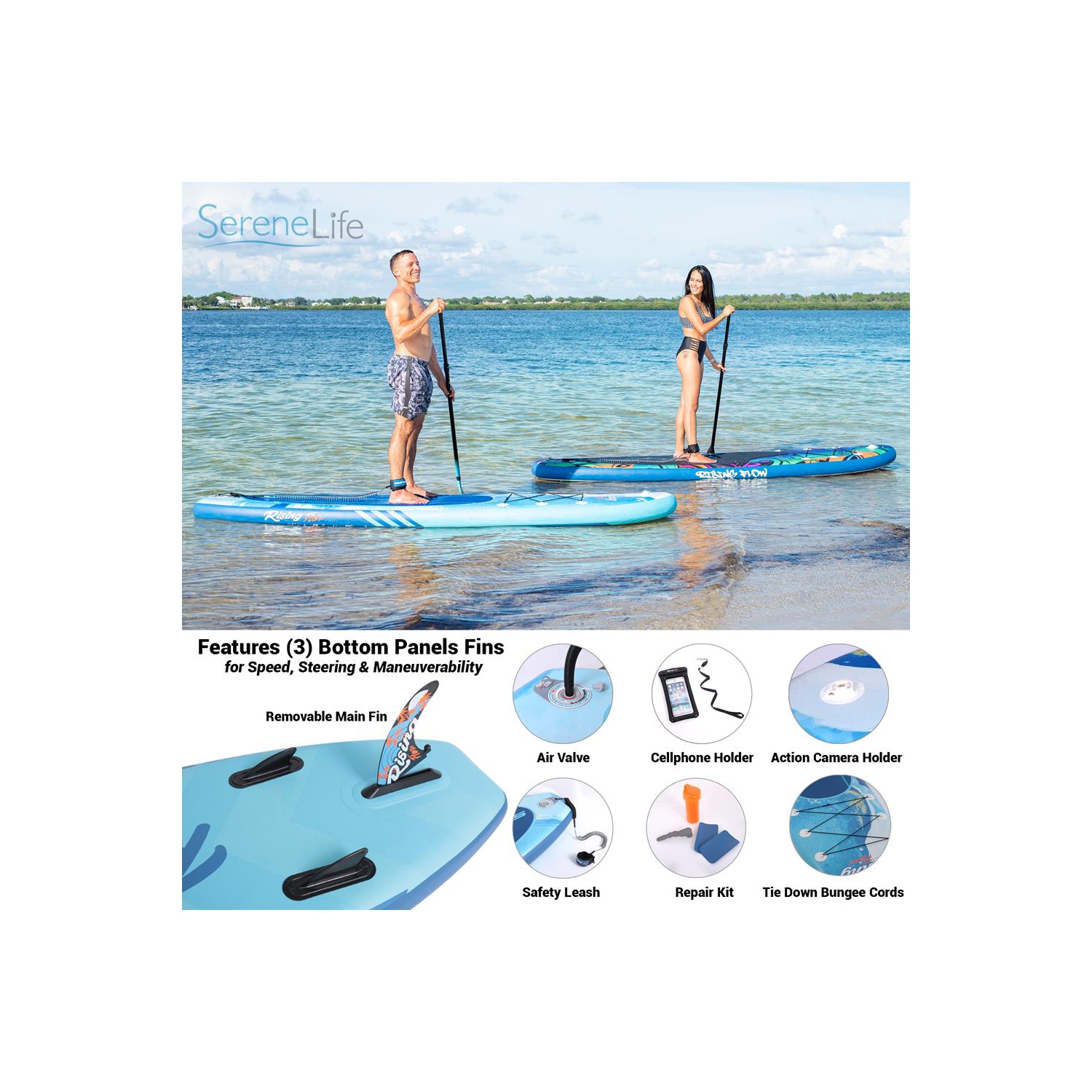 SereneLife Inflatable Stand Up Paddle Board with Premium SUP Accessories & Carry Bag | Wide Stance, Bottom Fin for Paddling, Surf Control, Non-Slip