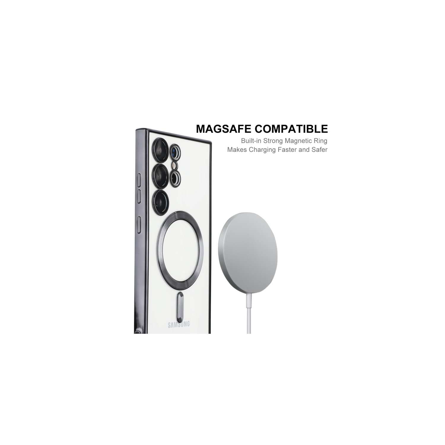 [CSmart] Étui de chargement magnétique hybride sans fil couvercle arrière MagSafe compatible pour Samsung Galaxy S23 Ultra, noir