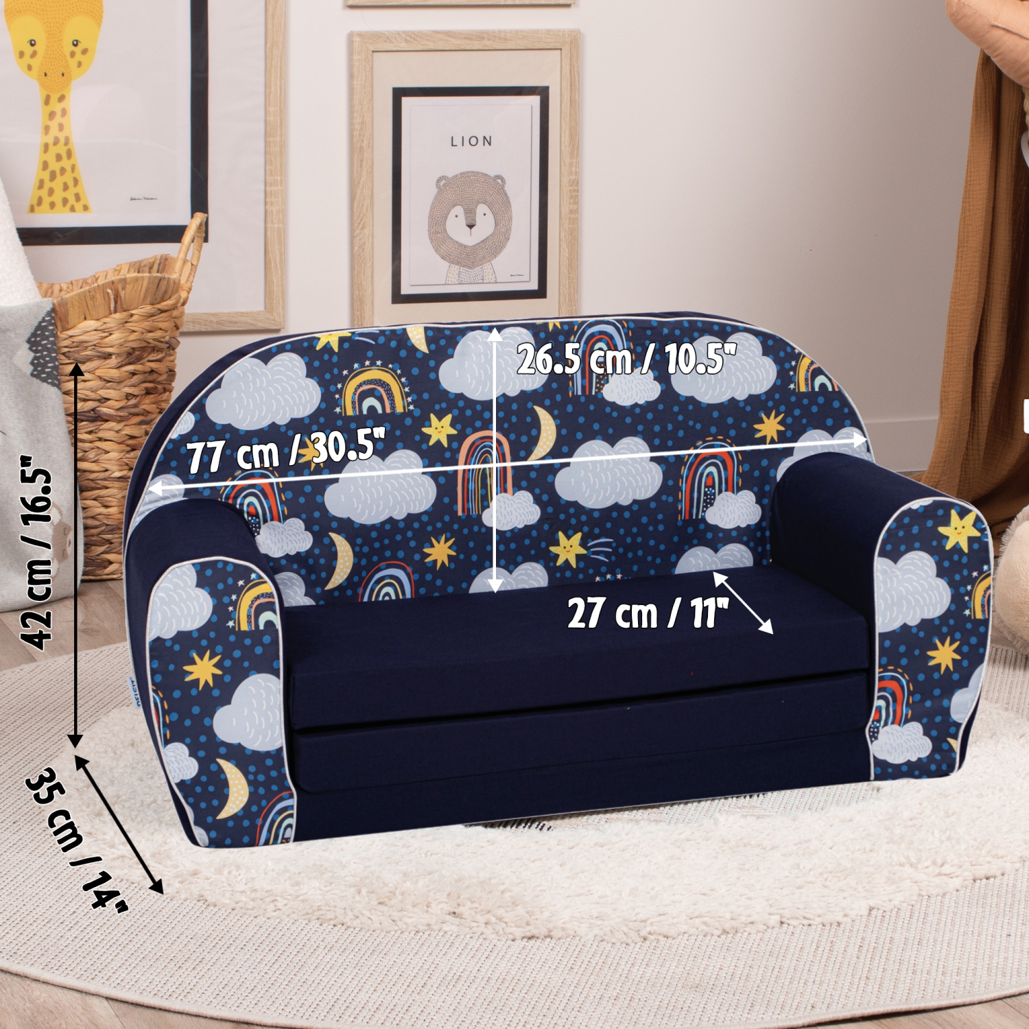 Delsit Kids Couch for Toddlers - 2 in 1 Convertible Foam Sofa to Lounger, Comfy Flip Out Lounge Chair for Children, Made in Europe