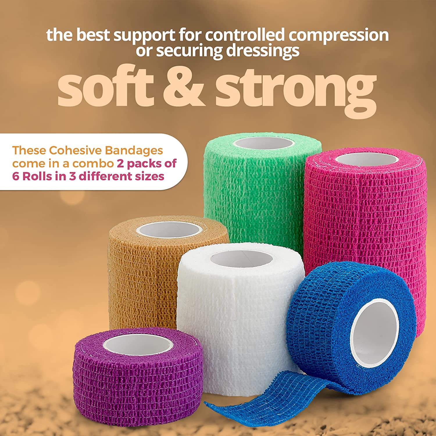 Self Adherent Cohesive Tape Rolls - Pack of 12-1" 2" 3"x5 Yards Combo Pack, Self Adhesive Bandage Rolls & Sports Athletic Wrap for Ankle, Wrist, Vet