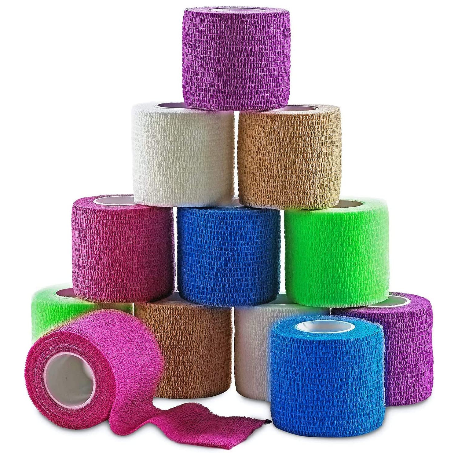 MEDca Self Adherent Cohesive Wrap Bandages 2 Inches X 5 Yards 12 Count with Strong Elastic and Colorful First Aid Tape for Sprain Swelling and Sorenes